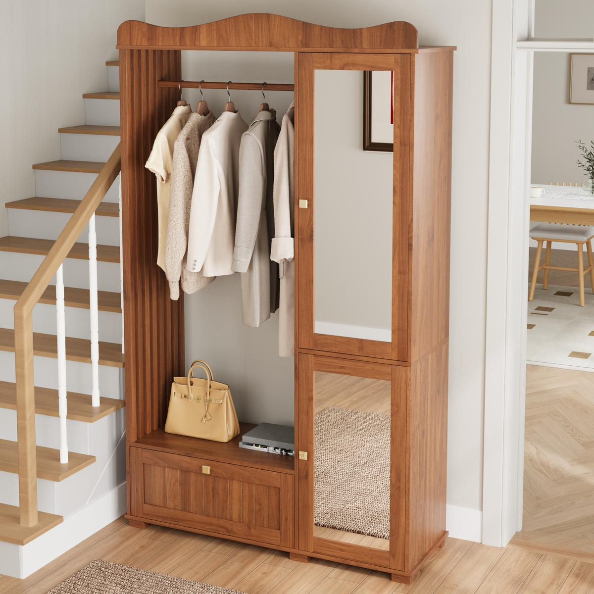 GARDEROBENSCHRANK Spiegel Kleiderstange Schublade - Nussbaumfarben, Holz (115.5/194.5/38.5cm) - LEBENLANG