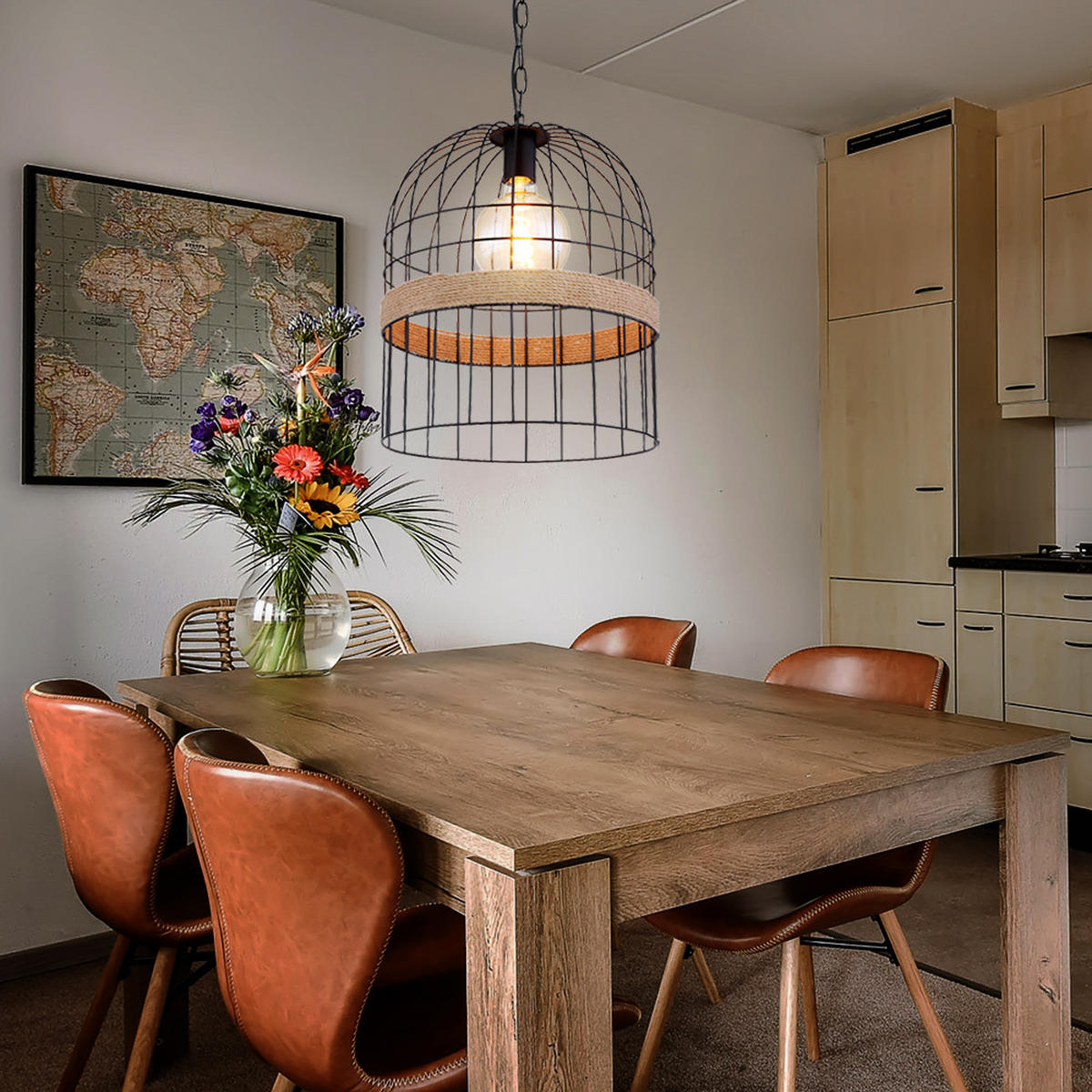 LED HÄNGELAMPE HALIA Schwarz Hanfseil - Schwarz, Metall (35/35/140cm) - Globo Lighting