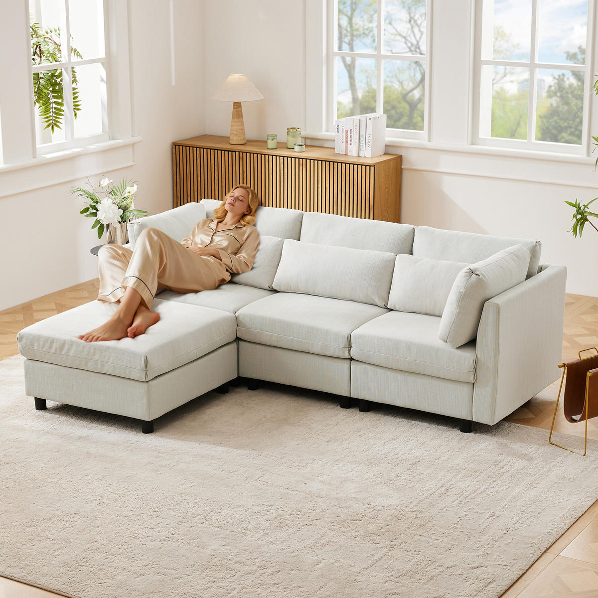 ECKSOFA mit Fußhocker und Rückenkissen - Beige, Textil (83/220cm) - Kaket