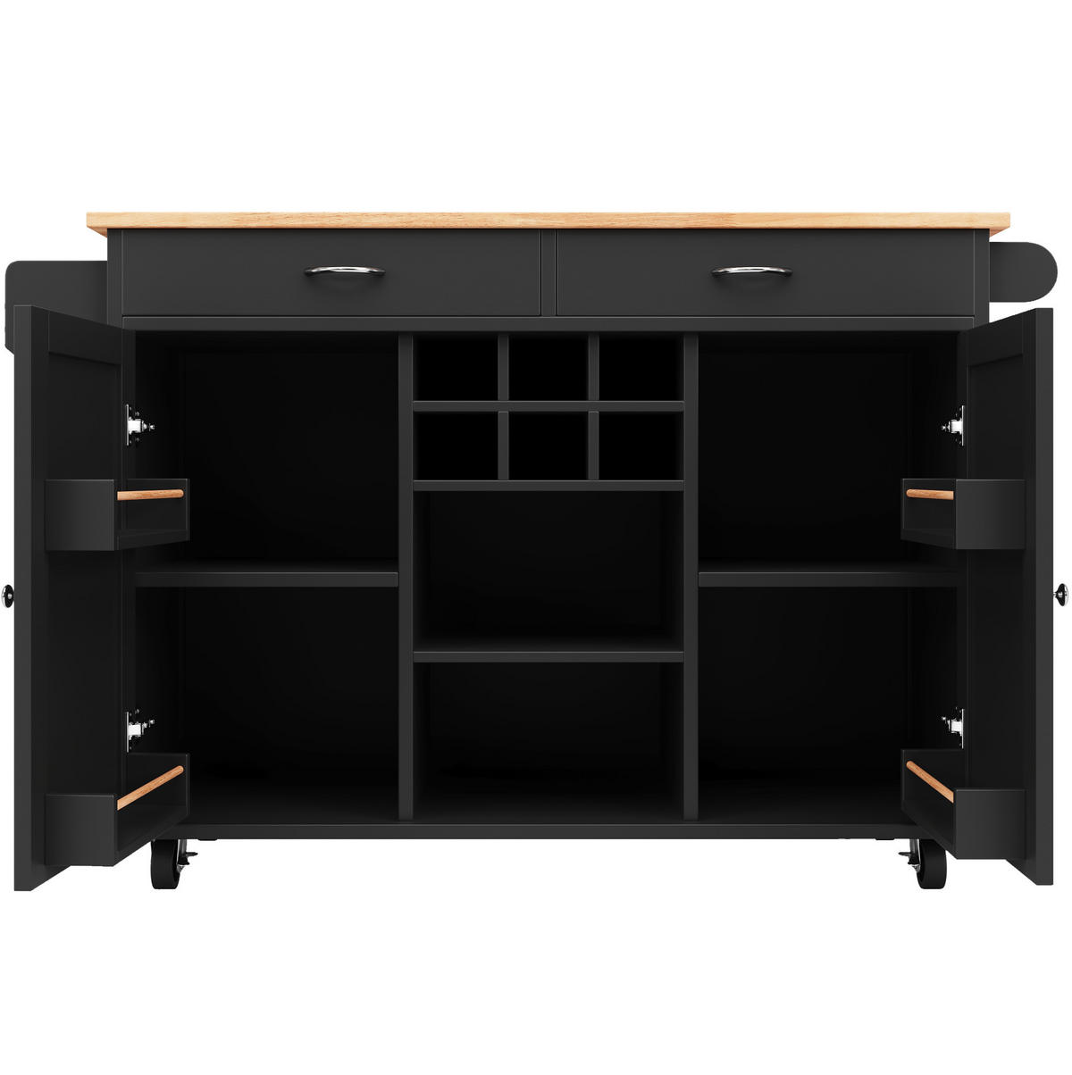 KÜCHENINSEL 102/45/92 cm schwarz und Metall mit Rollen und Weinregal - Schwarz, Holzwerkstoff (102/92/45cm) - OKWISH