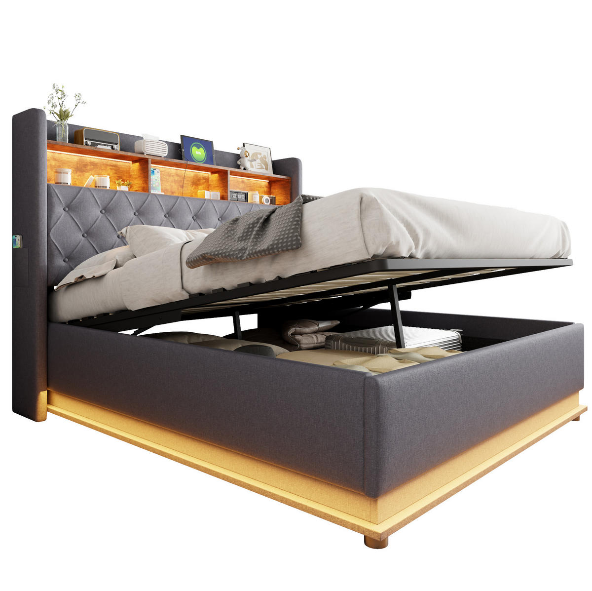 POLSTERBETT mit LED-Beleuchtung 160/200 cm mit Bettkasten und USB-Anschluss - Grau, Textil (160/200cm) - BEAOK