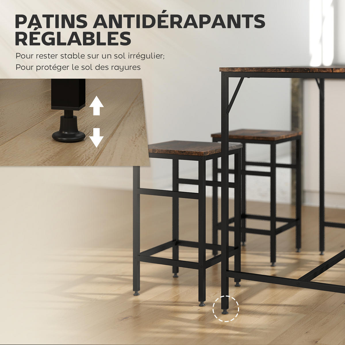 BARTISCH-SET DE-14737 mit 4 Hockern & Fußstützen Eiche/Schwarz - Schwarz, Metall (100/60/88cm) - ComfortXL