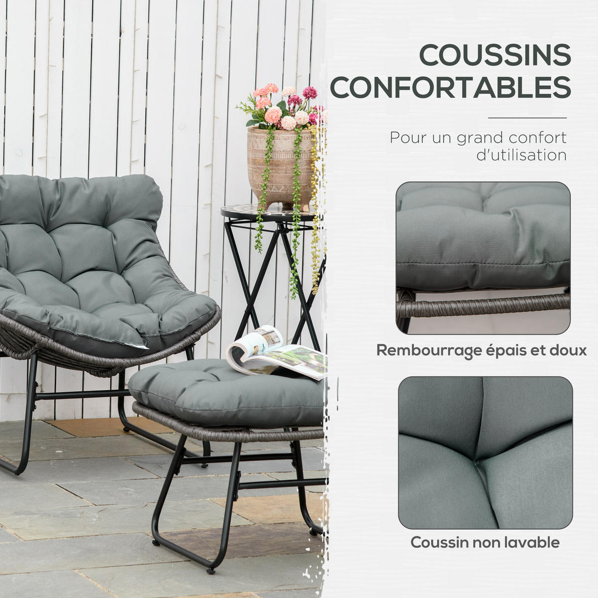 GARTENSESSEL DE-17364 mit Fußstütze & Polster, Rattan-Optik Grau - Grau, Metall (76/70/69cm) - ComfortXL