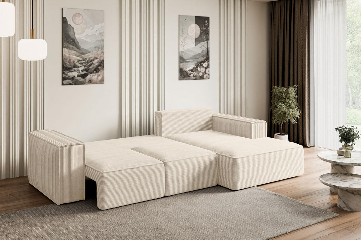 ECKSOFA mit Schlaffunktion und Bettkasten SERRA-L-S - 266x161x87 cm Beige Cord - Beige/Schwarz, Holzwerkstoff/Kunststoff (266/161cm) - ALTDECOR