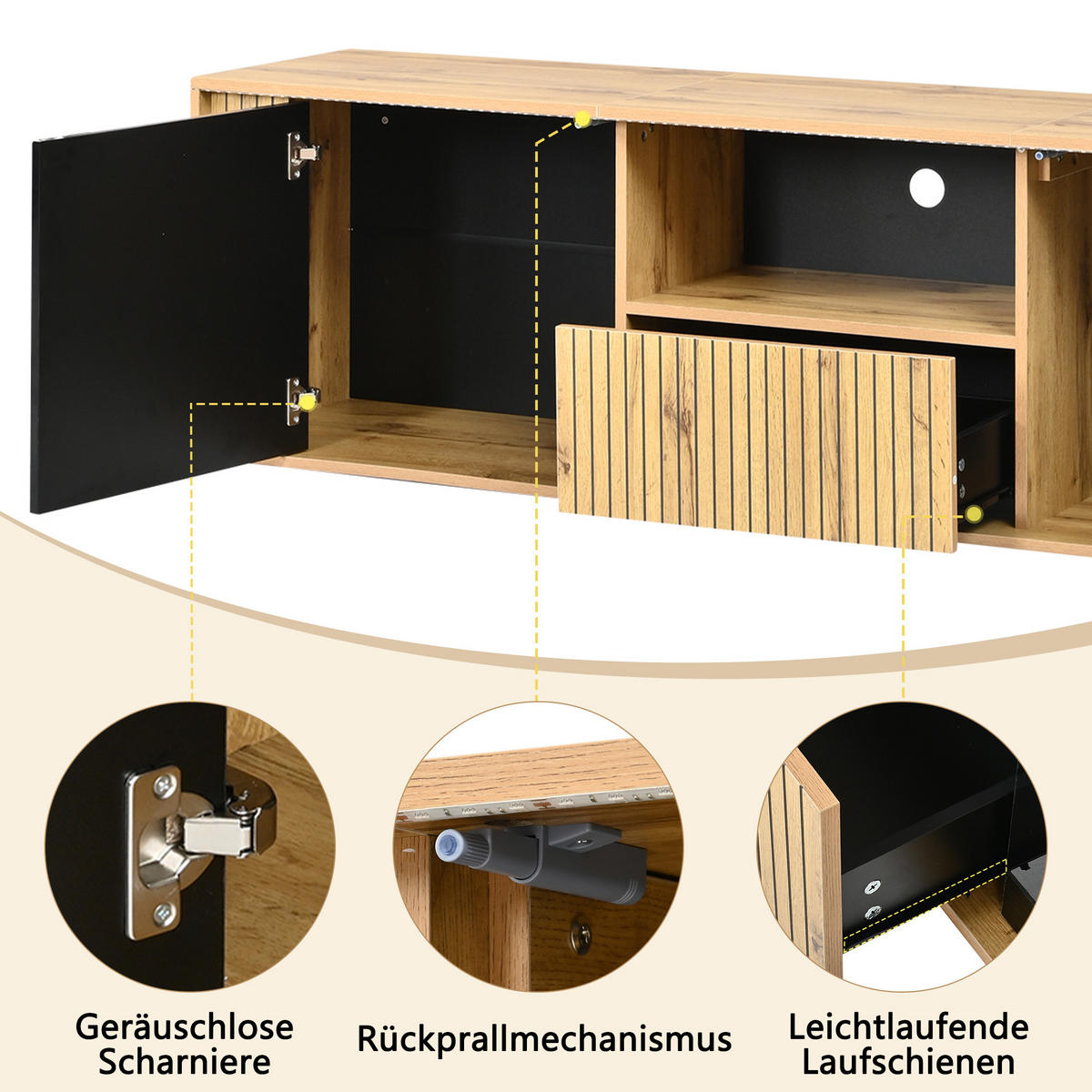 TV-LOWBOARD 180x40x51cm Schwarz Holzfarbe mit LED - Schwarz/Naturfarben, Holzwerkstoff (180/51/40cm) - FLIEKS