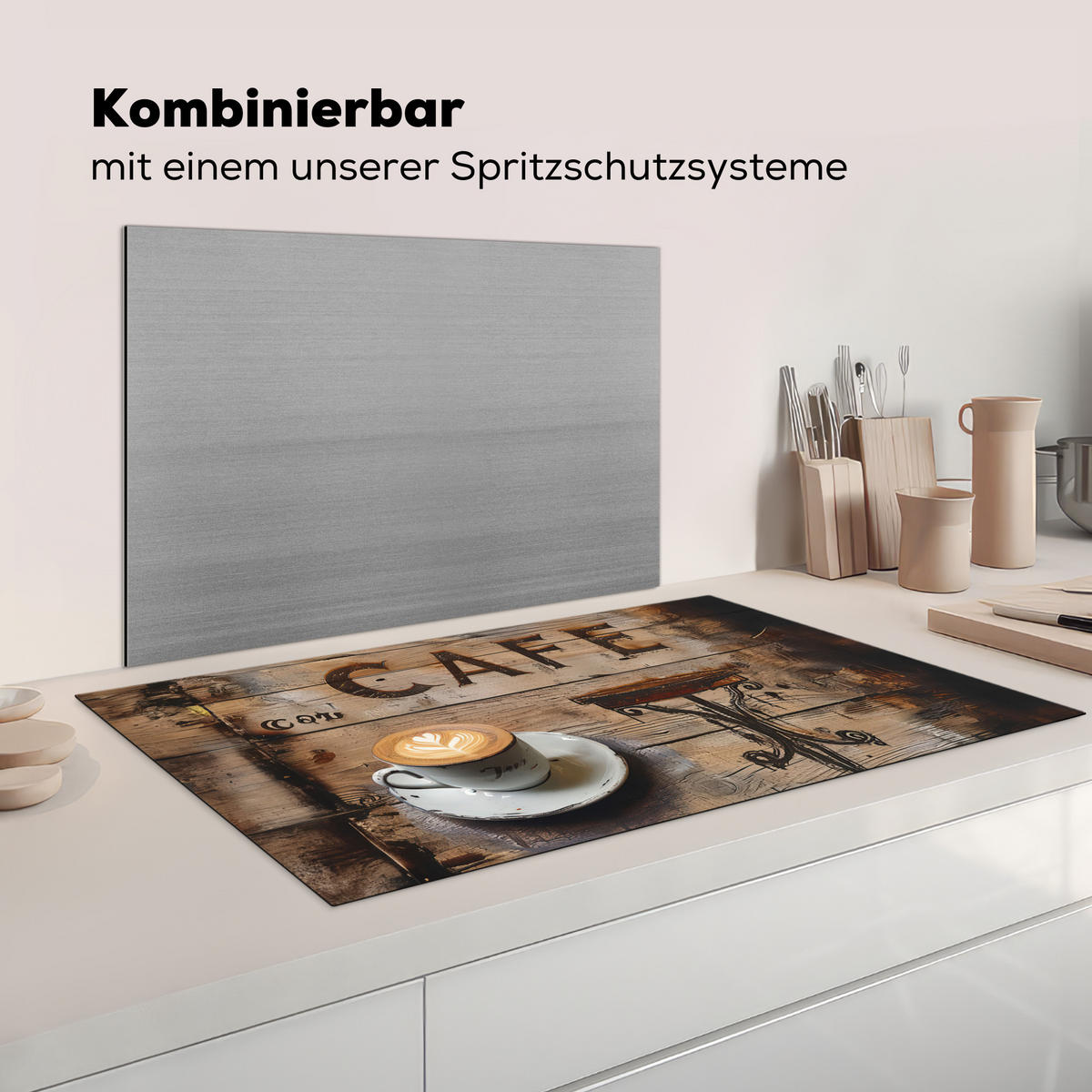 HERDABDECKPLATTE Cafe - Holz - Kaffee - Regale Induktionsschutz 91.6x52.7 cm - Schwarz, Kunststoff (91.6/52.7/0.2cm) - MuchoWow