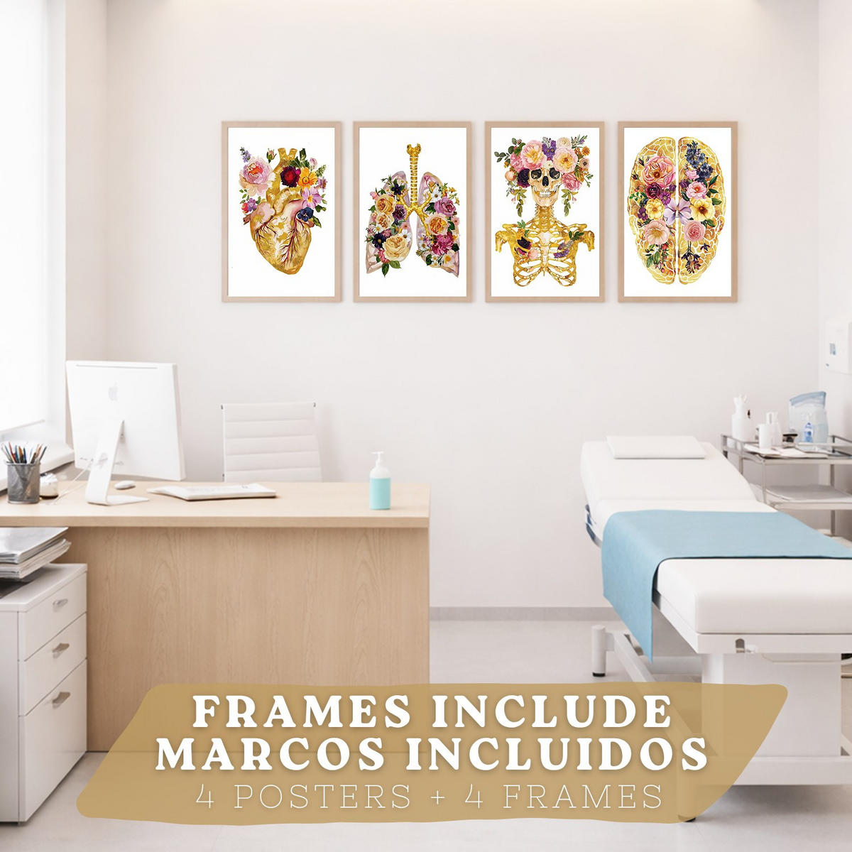 POSTER Set aus 4 Anatomie Mensch Drucke und mit Herz Gehirn Schädel Lungen Luftröhre Bronchien Goldener Floraler Stil Größe Leichter Holzrahmen A3 - Beige, Papier (29.7/42/3cm) - Nacnic