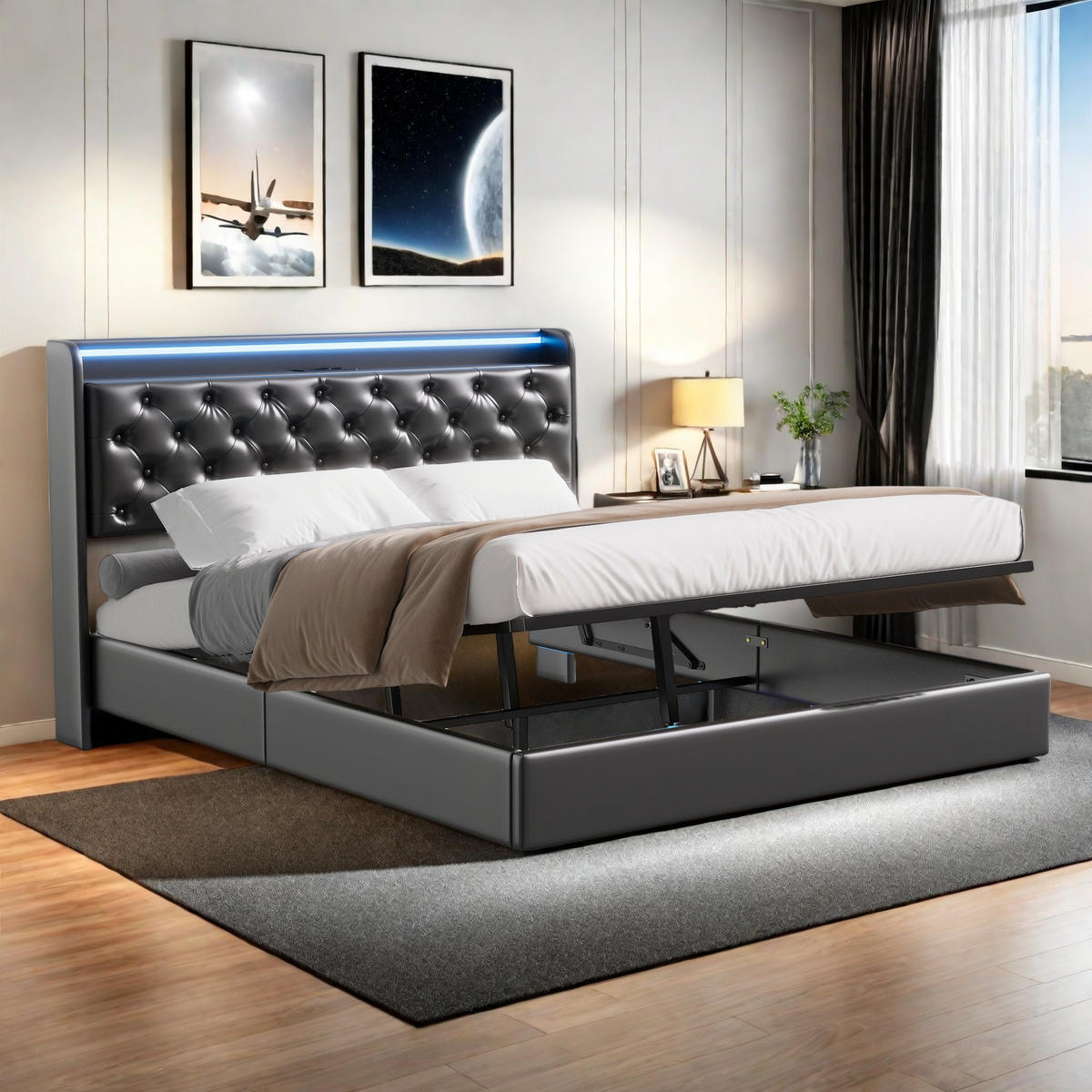 POLSTERBETT 160x200 PU LED - Schwarz, Metall (160/200cm) - SHOPENTRA