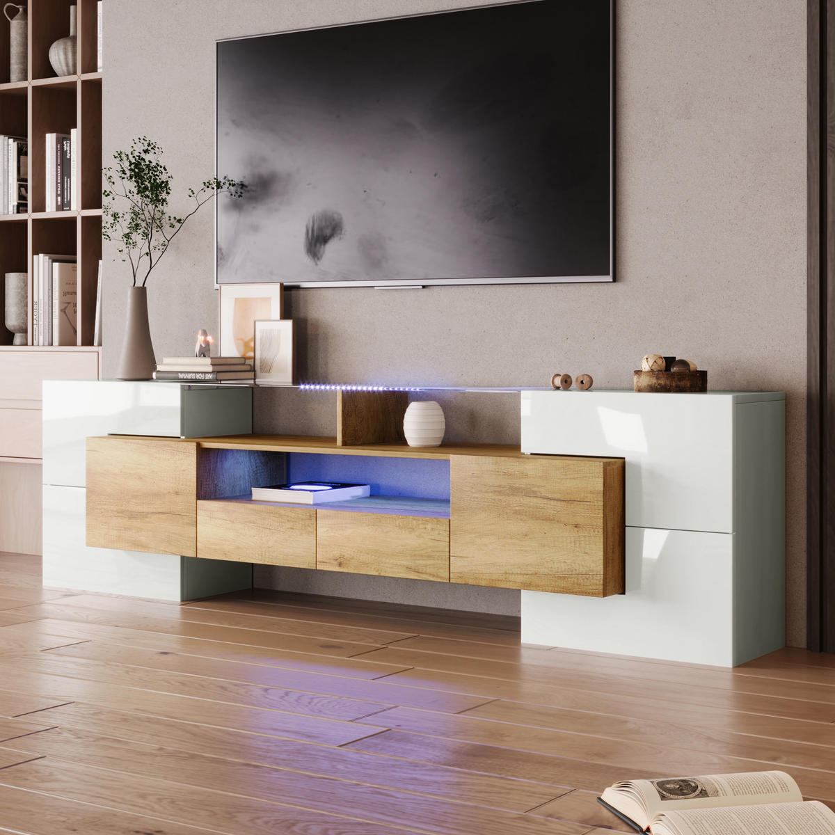 LOWBOARD 200/35/60 cm in Natur und Hochglanzweiß aus MDF mit LED-Beleuchtung - Weiß, Holzwerkstoff (30/60/200cm) - OKMYHOME