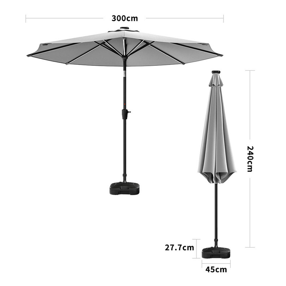 AMPELSCHIRM aus Polyester Metall in Hellgrau mit befüllbarer Kunststoff-Sockel drehbar 360° neigbar 60° 3 x 2.4m Ø44, × 28 cm - Grau, Metall (300/240cm) - Livingandhome