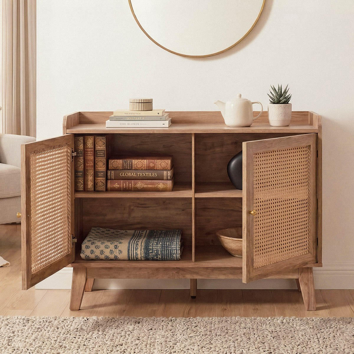SIDEBOARD 2 türen mit rattan-geflecht - palmo 110/39/74,5 cm - Apfelbaumfarben, Holzwerkstoff (39/74.5/110cm) - Calicosy