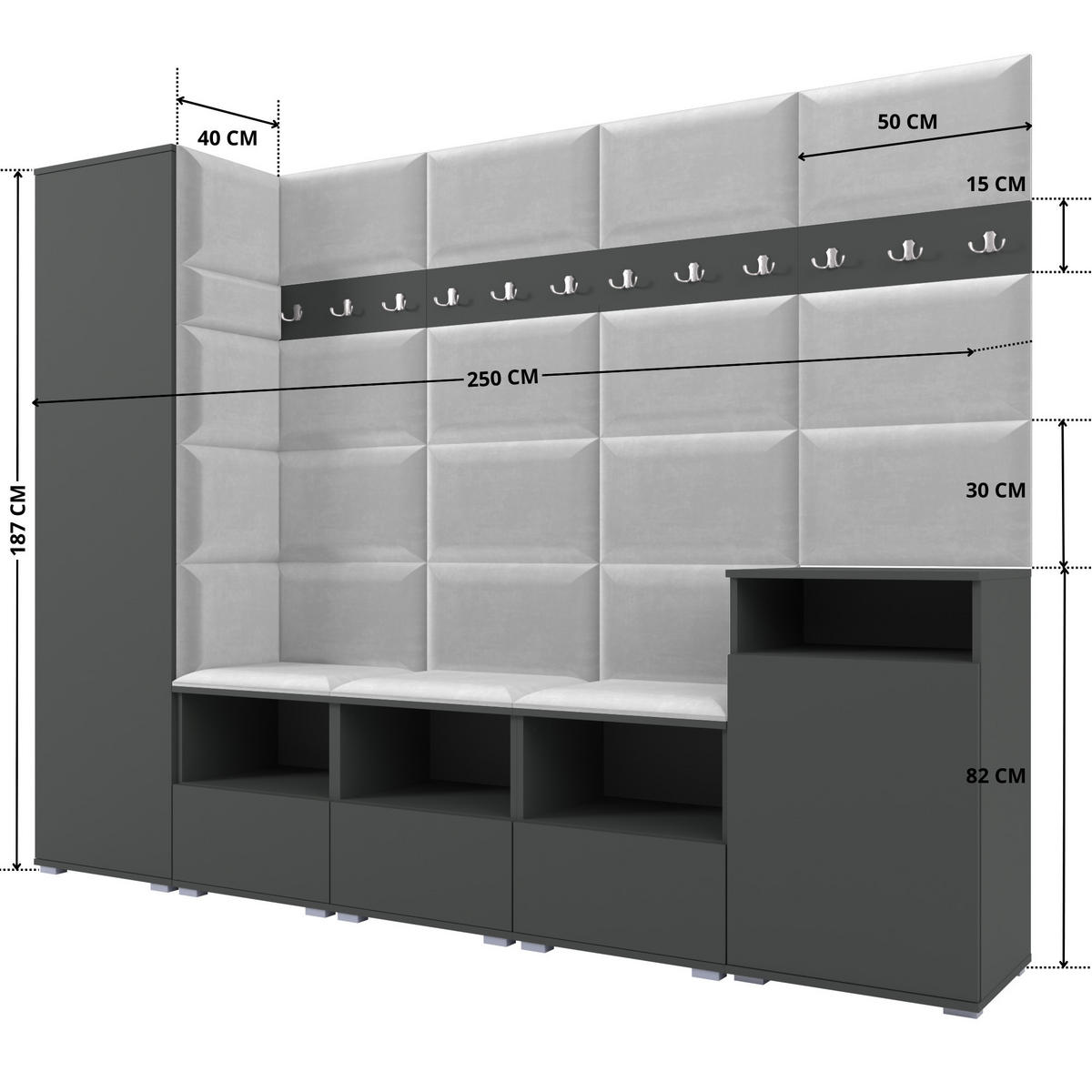 GARDEROBE NELA XI 250 cm (Modulare Flurmöbel Graphit mit Sitzpolster Hellgrau 32 Großes Set) - Silberfarben/Hellgrau, Holz/Holzwerkstoff (250/187/40cm) - Ravio