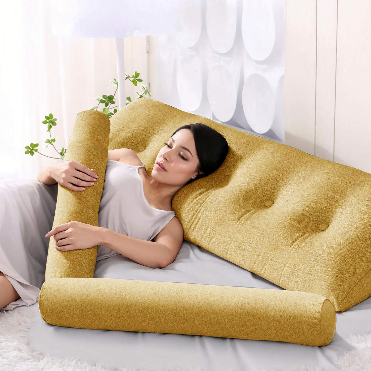 KEILKISSEN mit einem runden Kissen 2er-Set Leinen gelb 160cm - Gelb, Textil (20/160cm) - Vercart