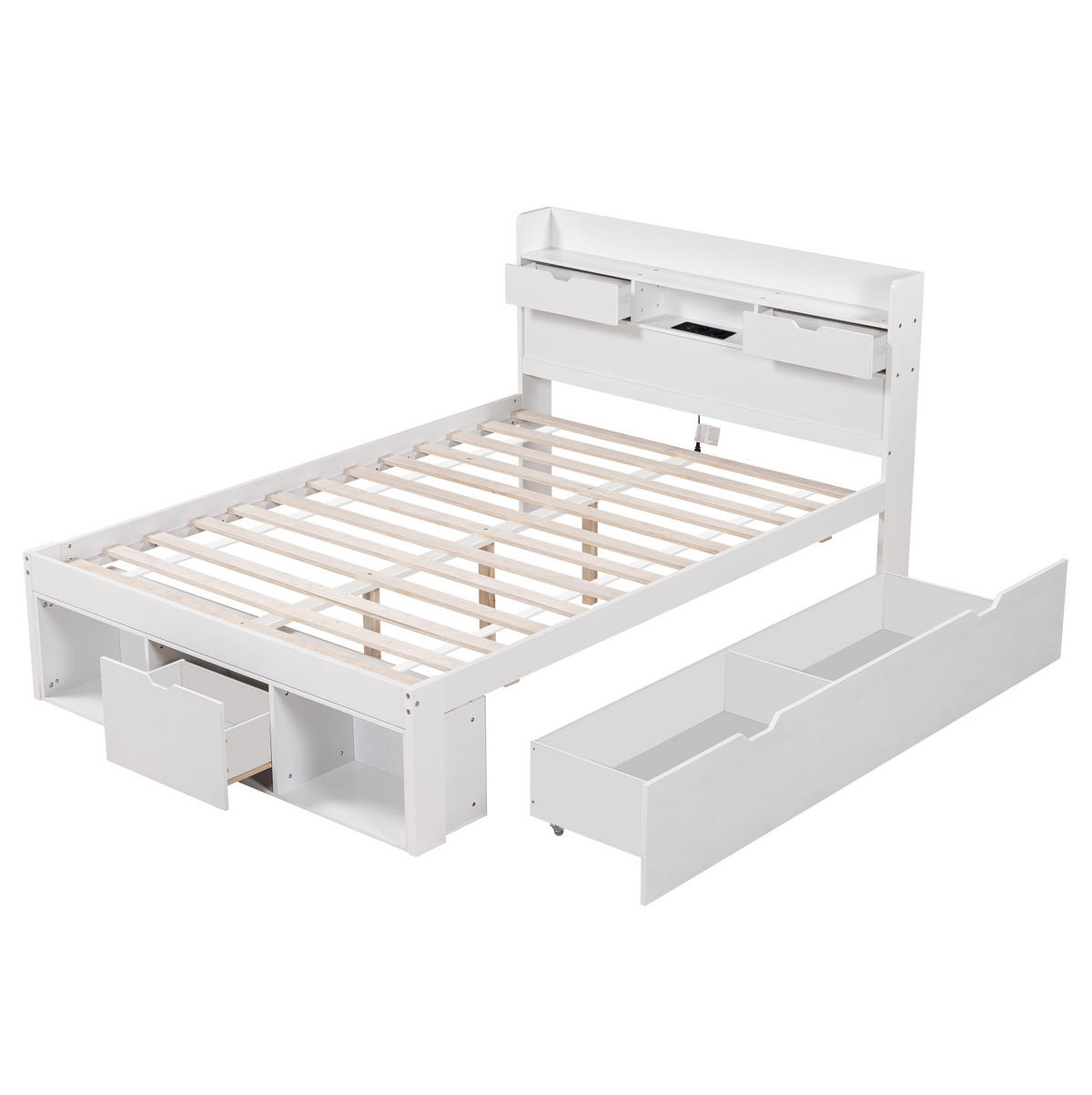 DOPPELBETT aus Kiefernholz und MDF 160x200 cm Weiß mit Schubladen, Stauraum und USB-Anschluss - Weiß, Holzwerkstoff (160/200cm) - IVMEU