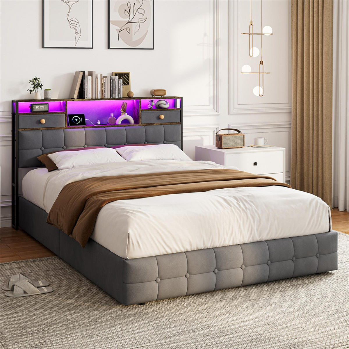POLSTERBETT 140x200 cm - mit LED-Beleuchtung, 2 Nachttisch-Schubladen und hydraulischem Bettkasten - Grau - Grau, Textil (140/200cm) - DELFA