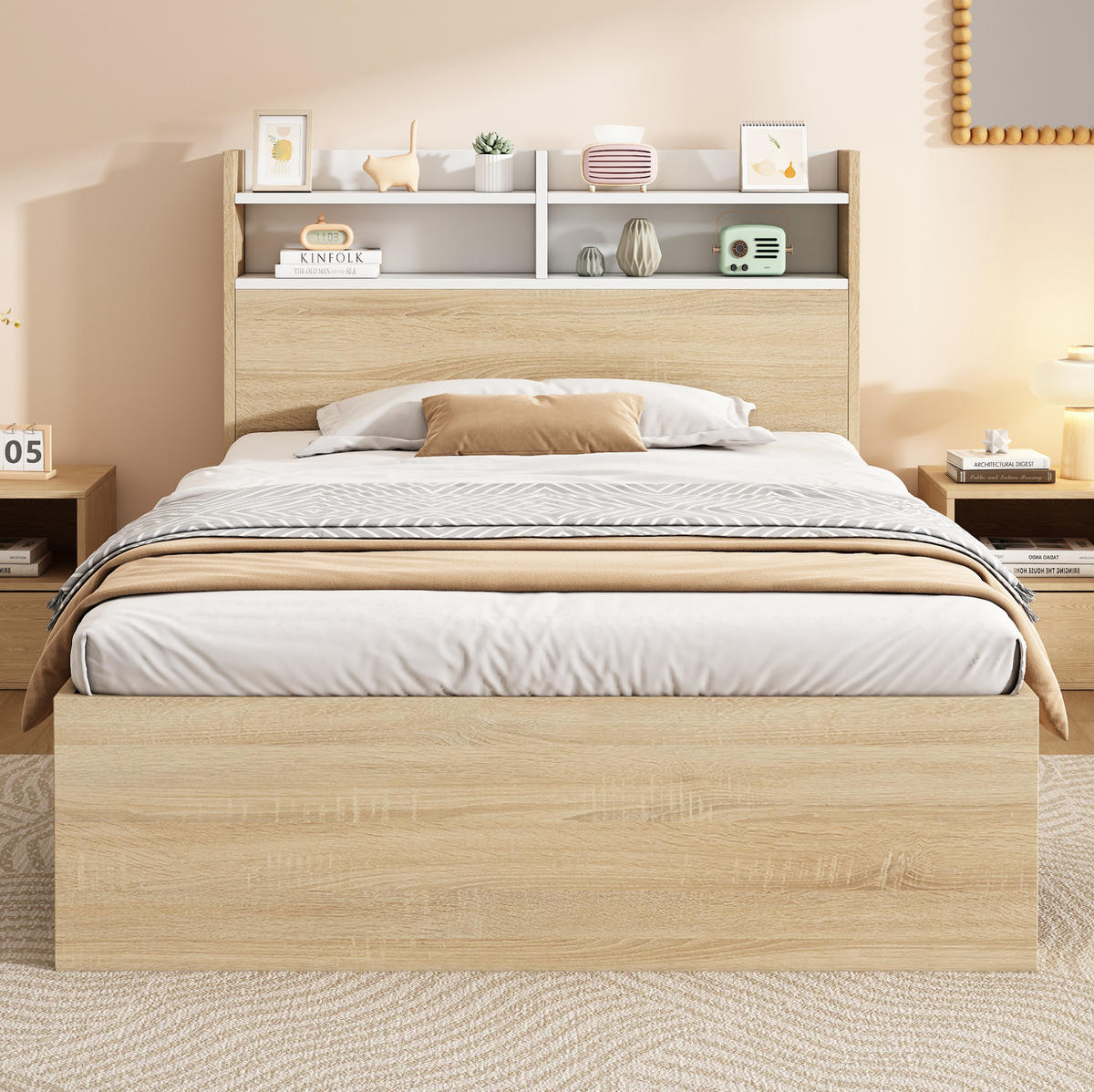 BETT 90/200 cm mit Kopfteil, Stauraum und Lattenrost in Weiß/Eiche - Weiß, Holzwerkstoff (90/200cm) - BEAOK