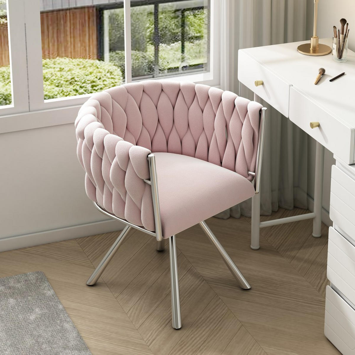 SCHMINKSTUHL 1St in Rosa mit vier Stützbeine aus Metall - Pink, Textil (54/72/59cm) - KOMHTOM