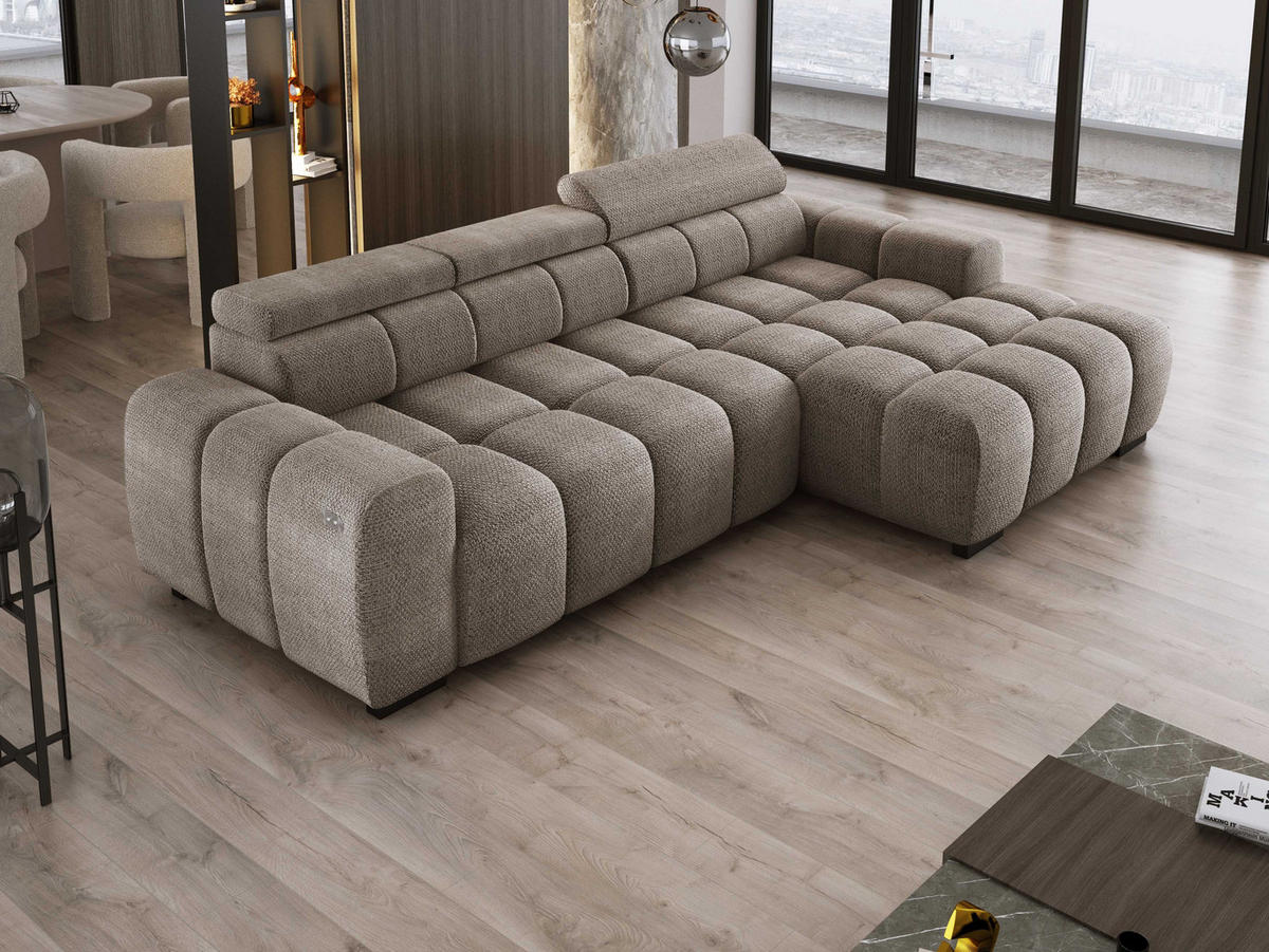 ECKSOFA OMBO 285x168x77/97 cm, Rechts, Schlaffunktion, elektr. Sitz, Kopfstützen, hydrophober EDEN-Stoff – Cappuccino - Cappuccino, Holz/Textil (285/168cm) - DomoHome