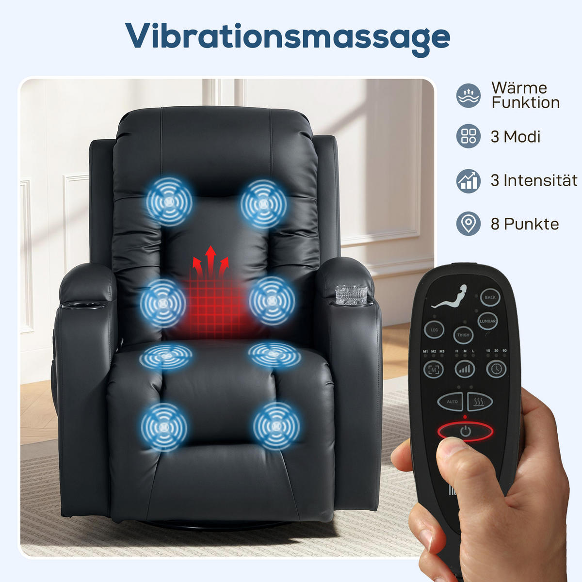 RELAXSESSEL elektrisch verstellbar Massagesessel mit Liegefunktion, Heizung - Hellgrau/Schwarz, Textil (82/103/99cm) - HOMCOM