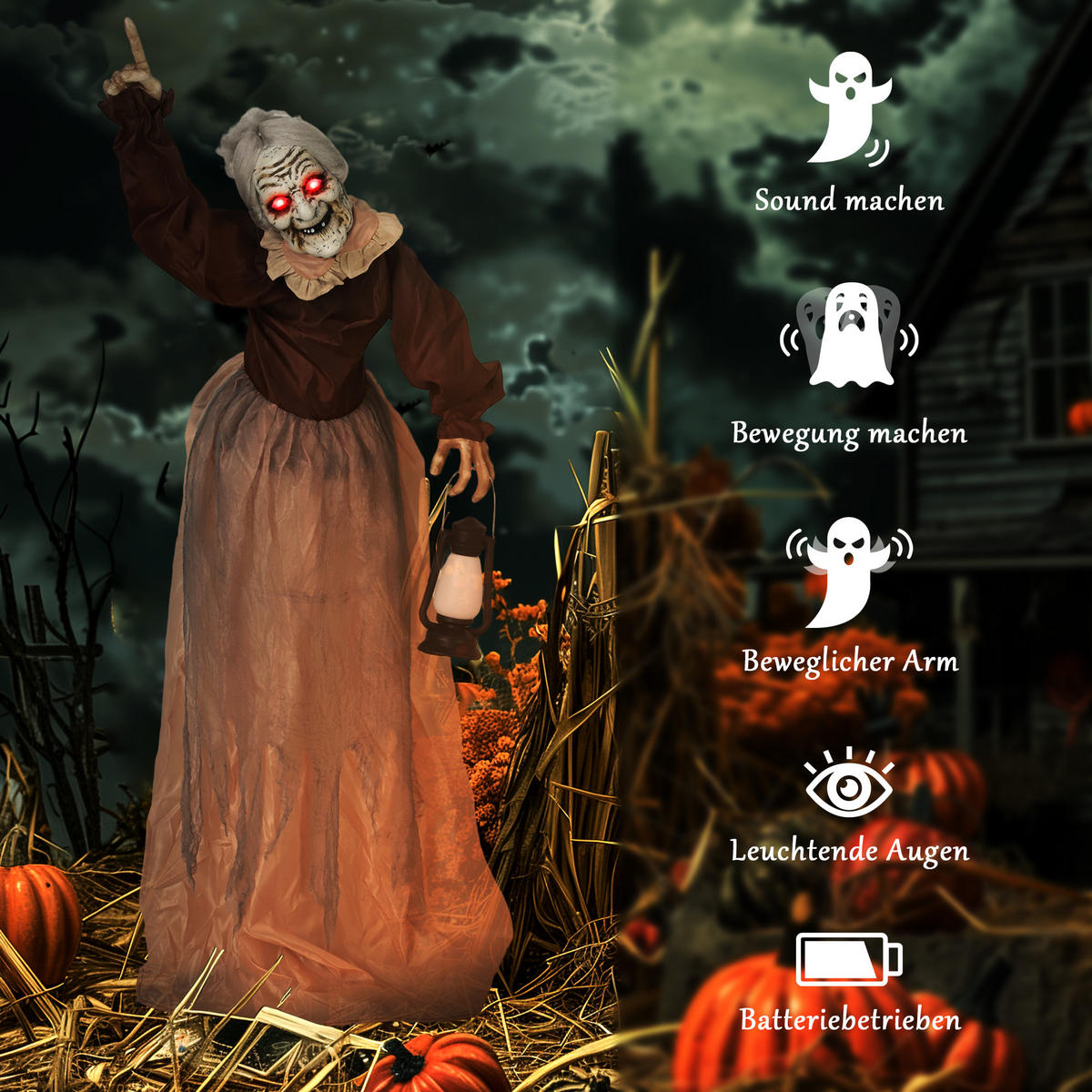 HALLOWEEN-DEKORATION Hexe 150 cm mit LED-Lichter, Soundfunktion - Braun, Textil (25/150/90cm) - Outsunny