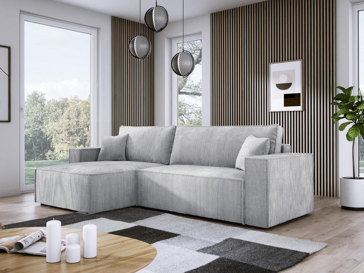 ECKSOFA POSO XL UNIVERSAL, Schlaffunktion und Lattenrost - L-Form, Cord, Federung auf Wellfedern, 274x143x83 cm, Links Silver - Silberfarben, Holz/Textil (277/143cm) - DomoHome