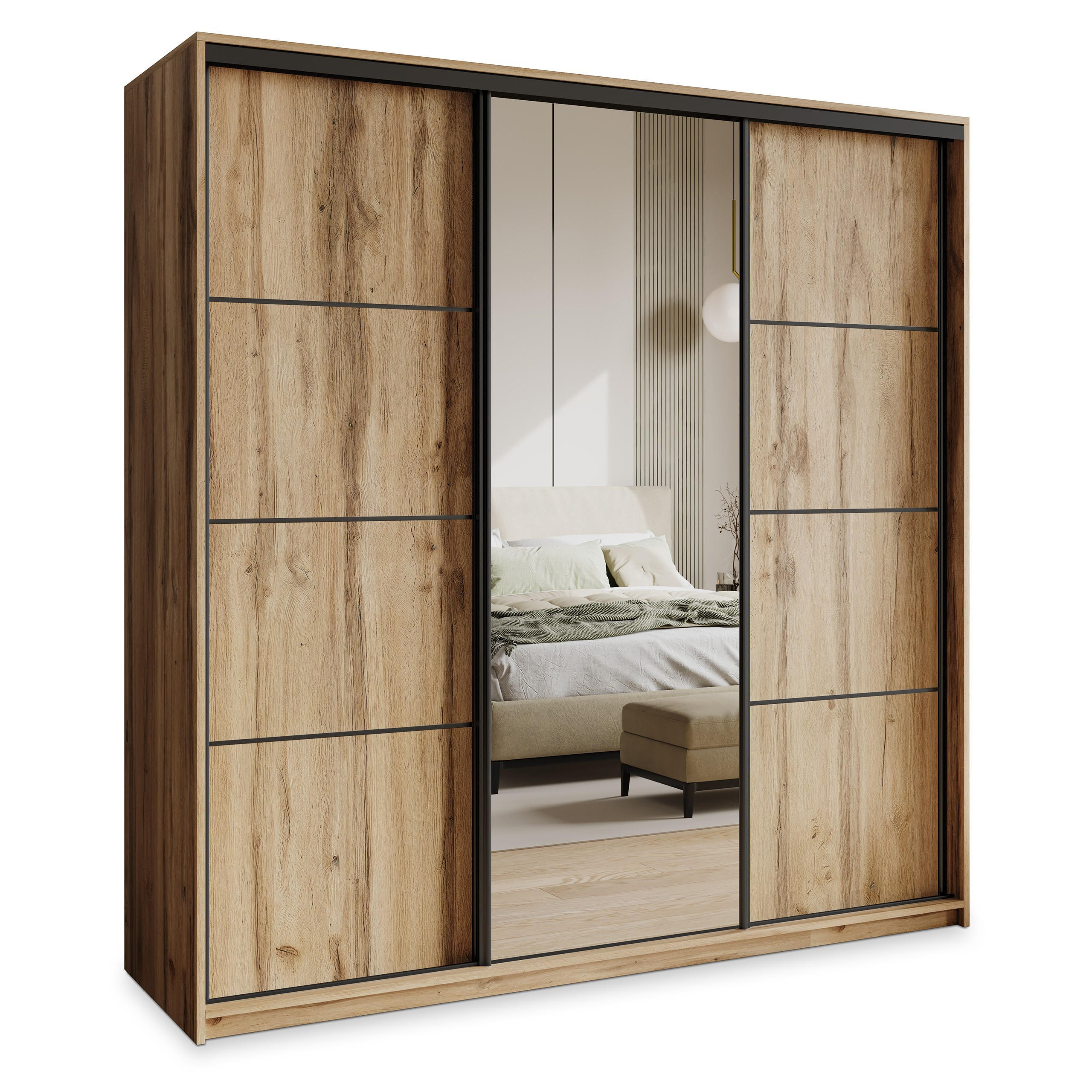 SCHWEBETÜRENSCHRANK VARO 180/205/60 cm 3-türig mit Spiegel und Schubladen Eiche Wotan - Eiche Wotan/Schwarz, Holzwerkstoff (180/205/60cm) - MASSENO