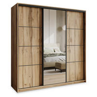SCHWEBETÜRENSCHRANK VARO 200/205/60 cm 3-türig mit Spiegel Eiche Wotan - Eiche Wotan, Holzwerkstoff (200/205/60cm) - MASSENO
