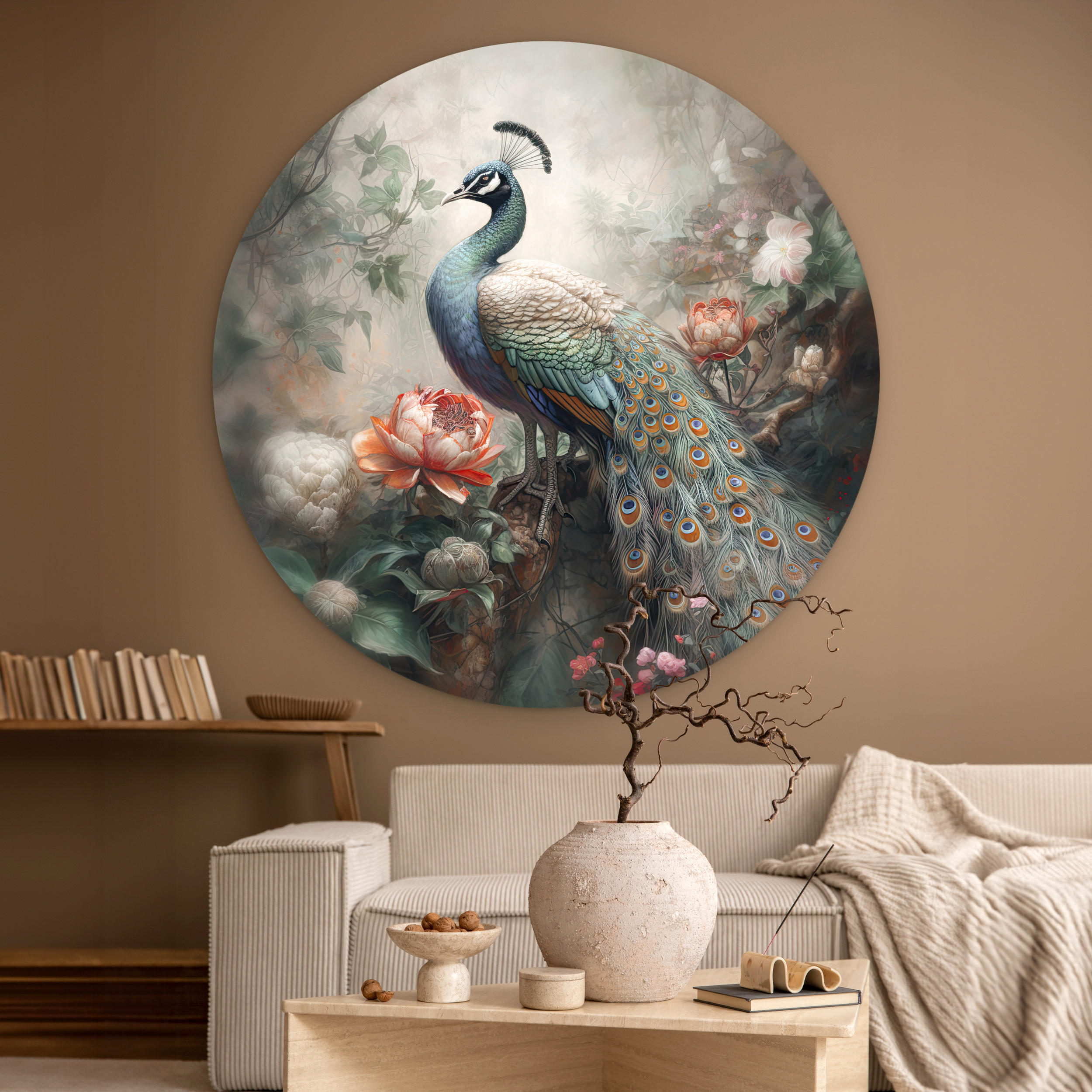WANDBILD Pfau - Pfauenfedern - Vogel - Dschungel - Blumen 150x150 cm - Smaragdgrün, Kunststoff (150/150cm) - MuchoWow