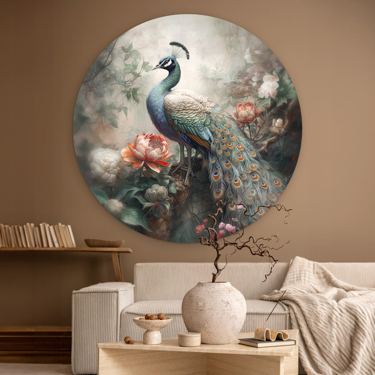 WANDBILD Pfau - Pfauenfedern - Vogel - Dschungel - Blumen 150x150 cm - Smaragdgrün, Kunststoff (150/150cm) - MuchoWow