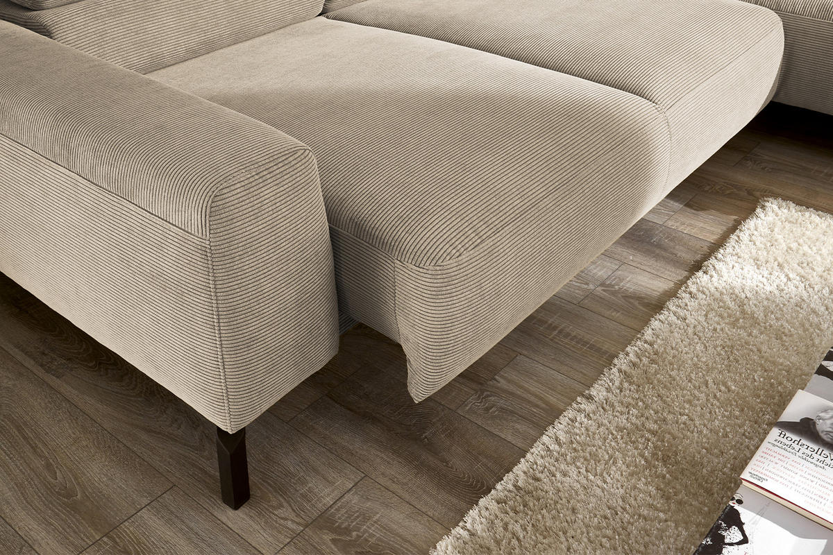 ECKSOFA MIT MOTORISCHEM SITZVORZUG DELIA Beige Cord - Beige/Schwarz, Textil/Metall (276/219cm) - KAWOLA