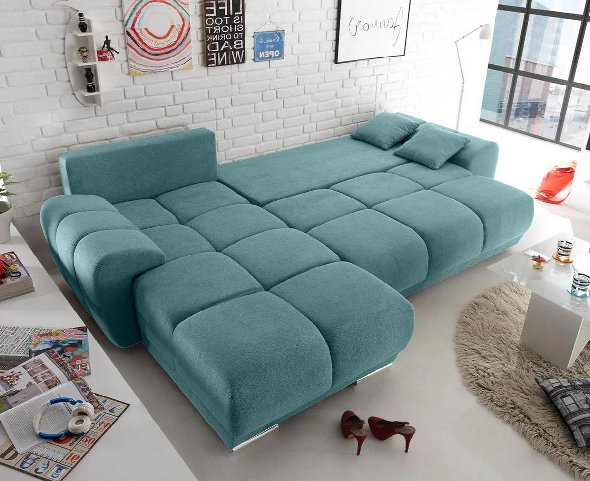 ECKSOFA beidseitig montierbar, Schlaffunktion mit Bettkasten - Chromfarben/Grün, Textil (289/189cm) - ed exciting design
