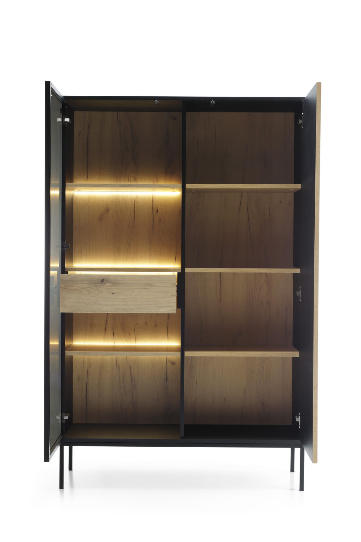 VITRINE Sentino Schwarz, Zweitürige Hochvitrine mit LED - Eiche Wotan/Schwarz, Holzwerkstoff/Metall (104/166/39cm) - Bettso