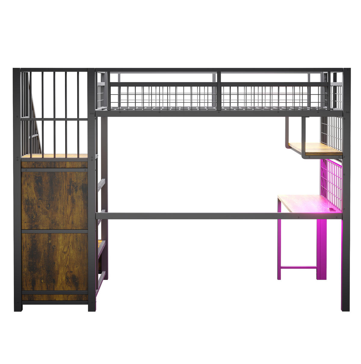 HOCHBETT 90/200 cm mit Schreibtisch, Lichtleiste, Steckdosen, Stauraumtreppe und Kleiderschrank, Metall, Schwarz - Schwarz, Metall (90/200cm) - Redom