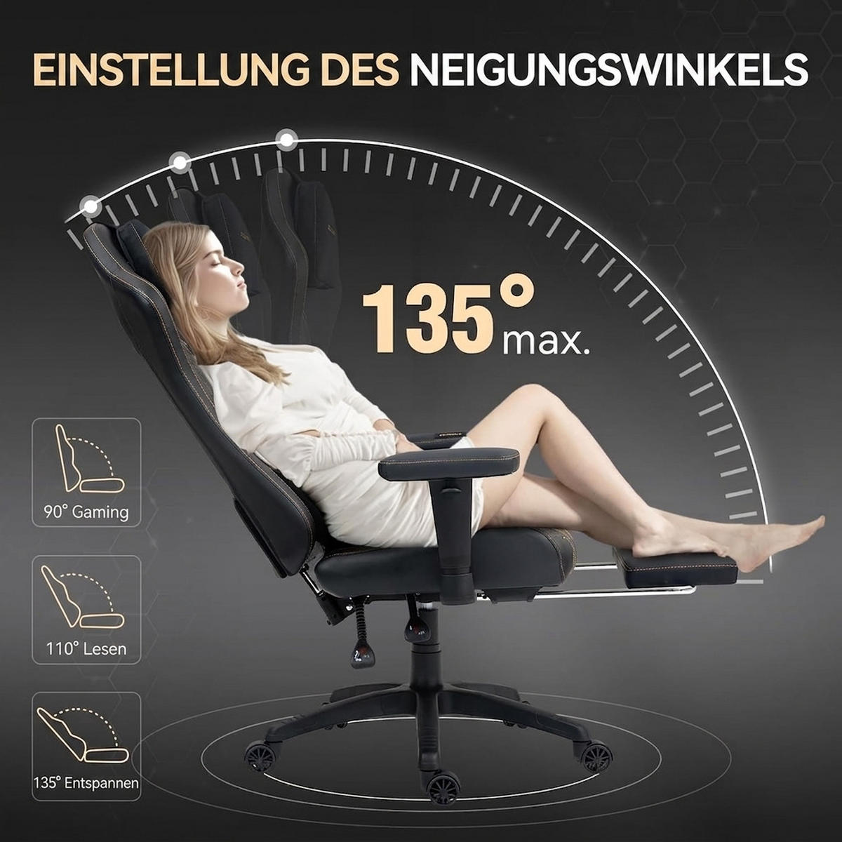 GAMING Stuhl &Massage-Wärmefunktion, atmungsaktivem Taschenfederkissen - Goldfarben, Leder (60/127/60cm)
