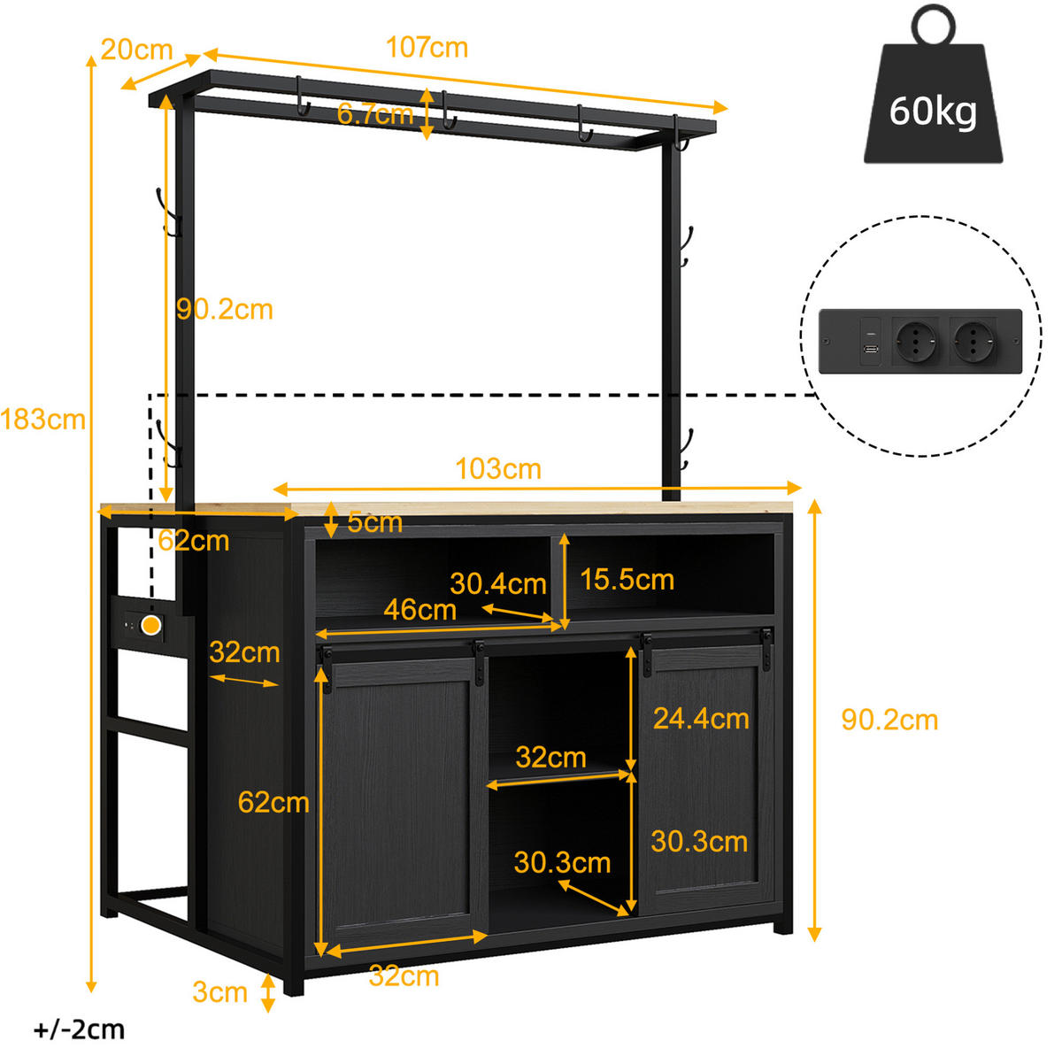 KÜCHENSCHRANK mit Arbeitsplatte und Stromanschluss 107 x 62 x 183 cm Schwarz - Schwarz, Metall (62/183/107cm) - Beauniv