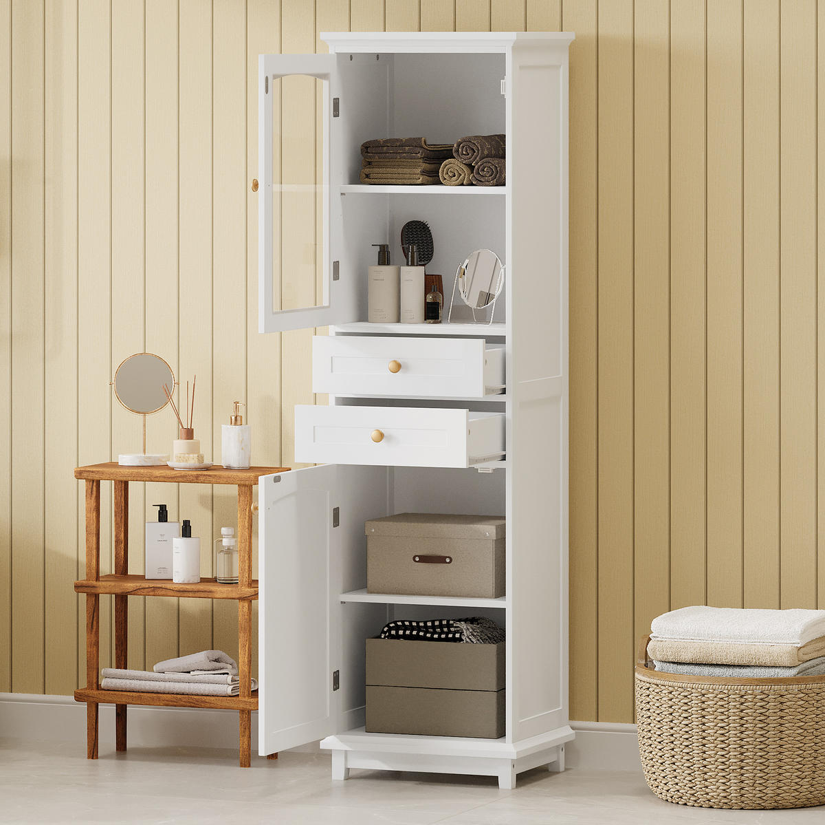 VITRINE 45/36/160 cm aus MDF und Glas mit 2 Schubladen und verstellbaren Einlegeböden Weiß - Weiß, Holzwerkstoff (45/160/36cm) - Modenvie