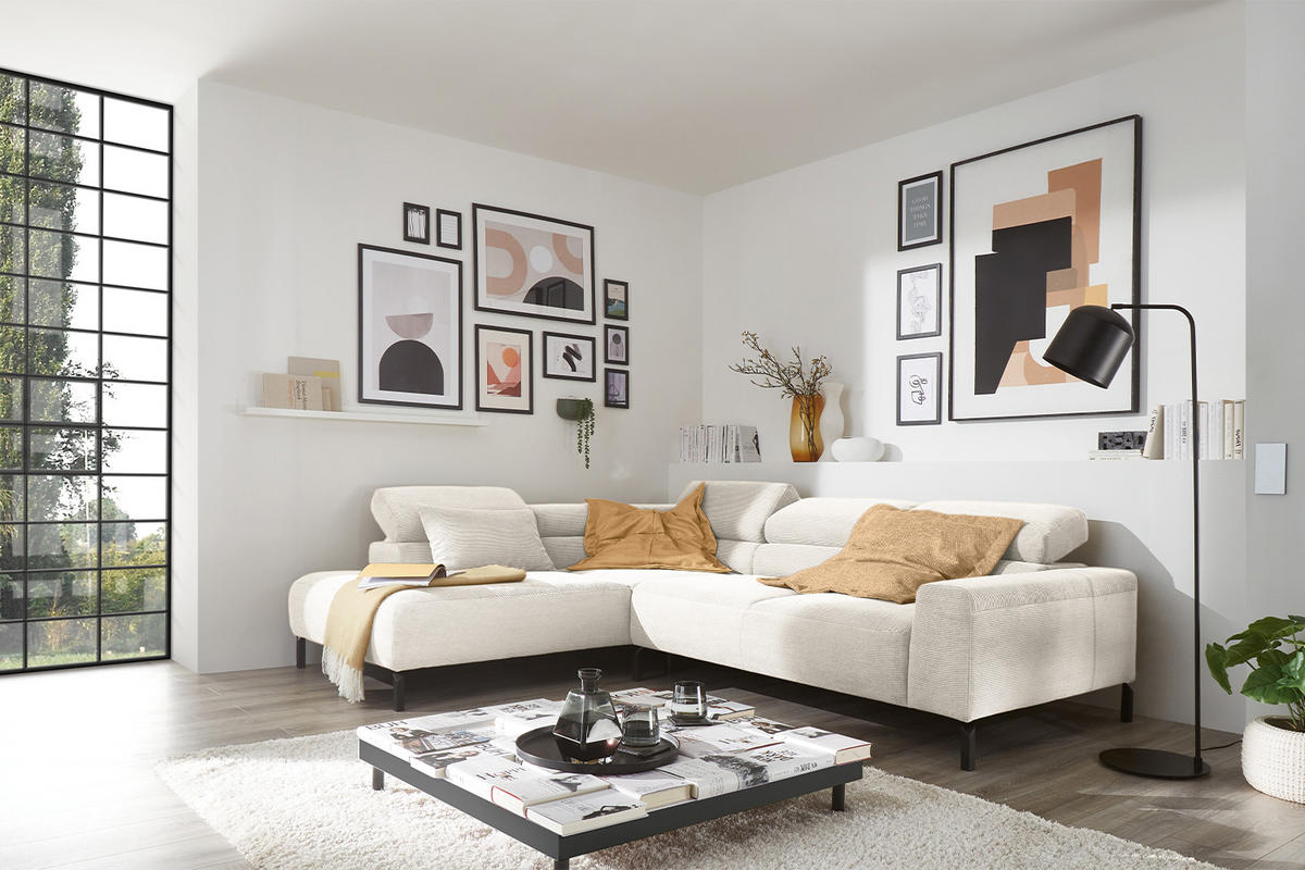 ECKSOFA MIT MOTORISCHEM SITZVORZUG DELIA Weiß Cord - Schwarz/Weiß, Textil/Metall (276/219cm) - KAWOLA