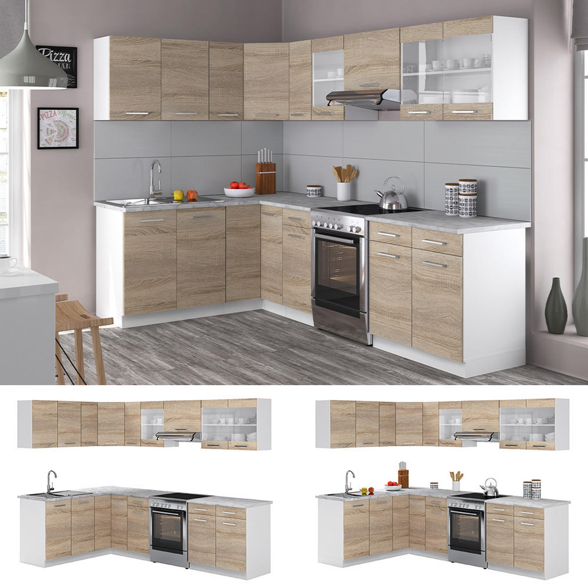 ECKKÜCHE Rick Weiß/Sonoma 267 x 167 cm , AP Marmor mit LED-Leisten - Weiß/Sonoma Eiche, Holzwerkstoff (270/81.6/60cm) - Vicco