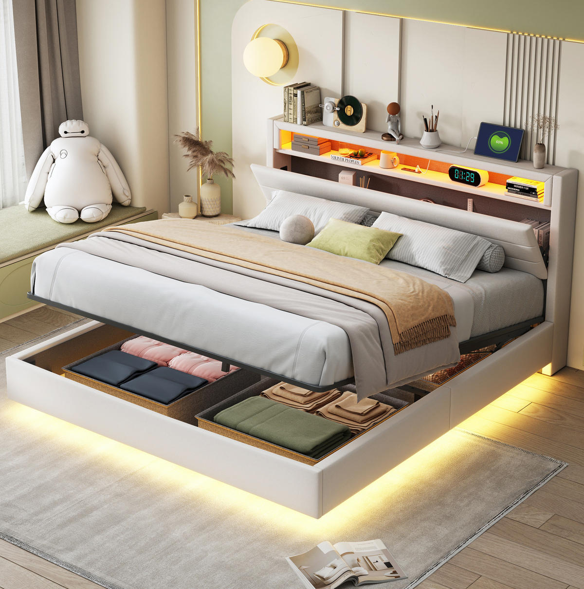 POLSTERBETT mit Bettkasten 160/200 cm mit LED-Beleuchtung und USB, Beige - Beige, Textil (160/200cm) - BEAOK