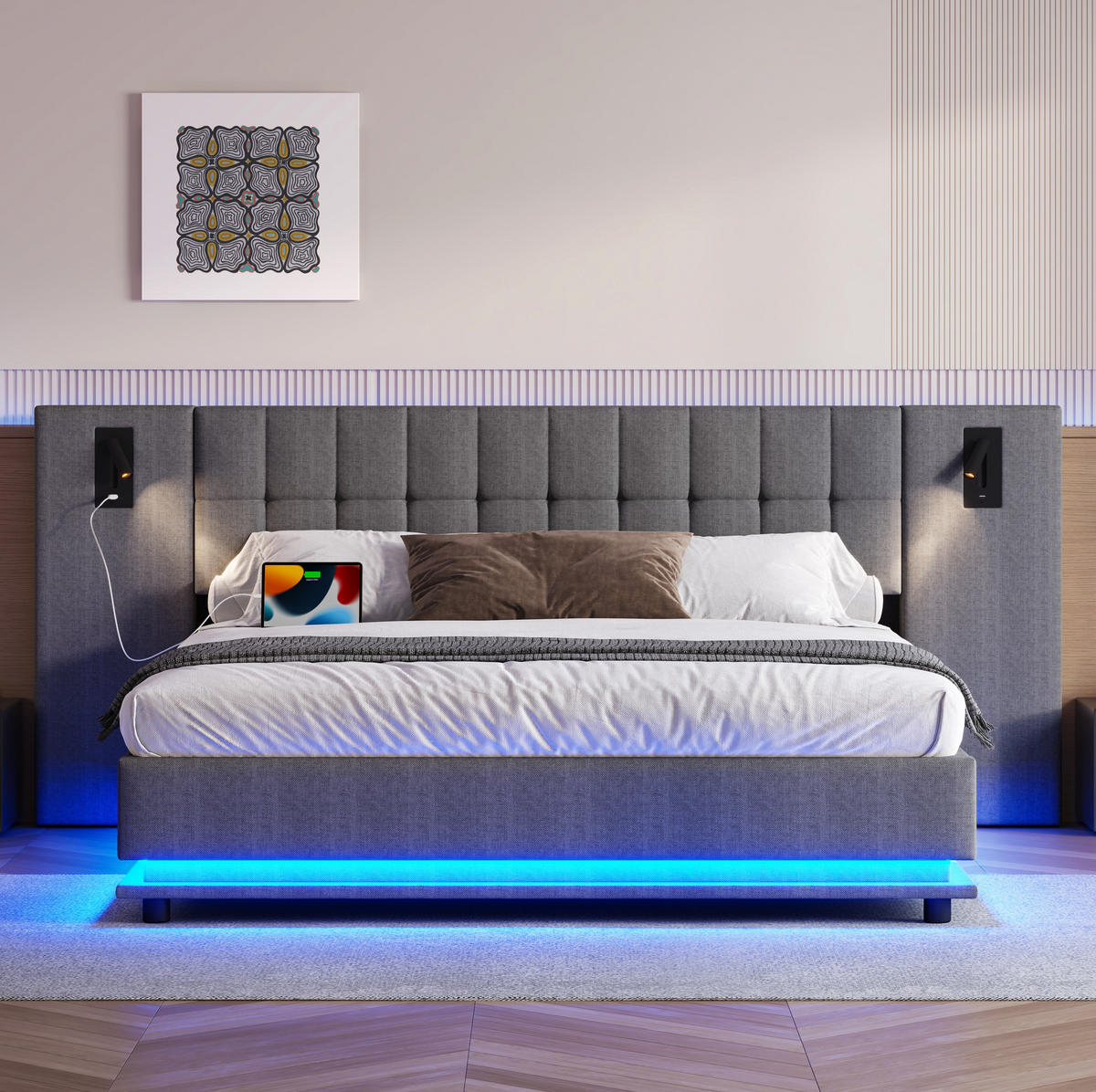 TAPECIRANI krevet 180/200 cm sivi od lana s LED rasvjetom, USB priključkom i uzglavljem sa spot svjetlom - siva, tekstil (180/200cm) - OKWISH