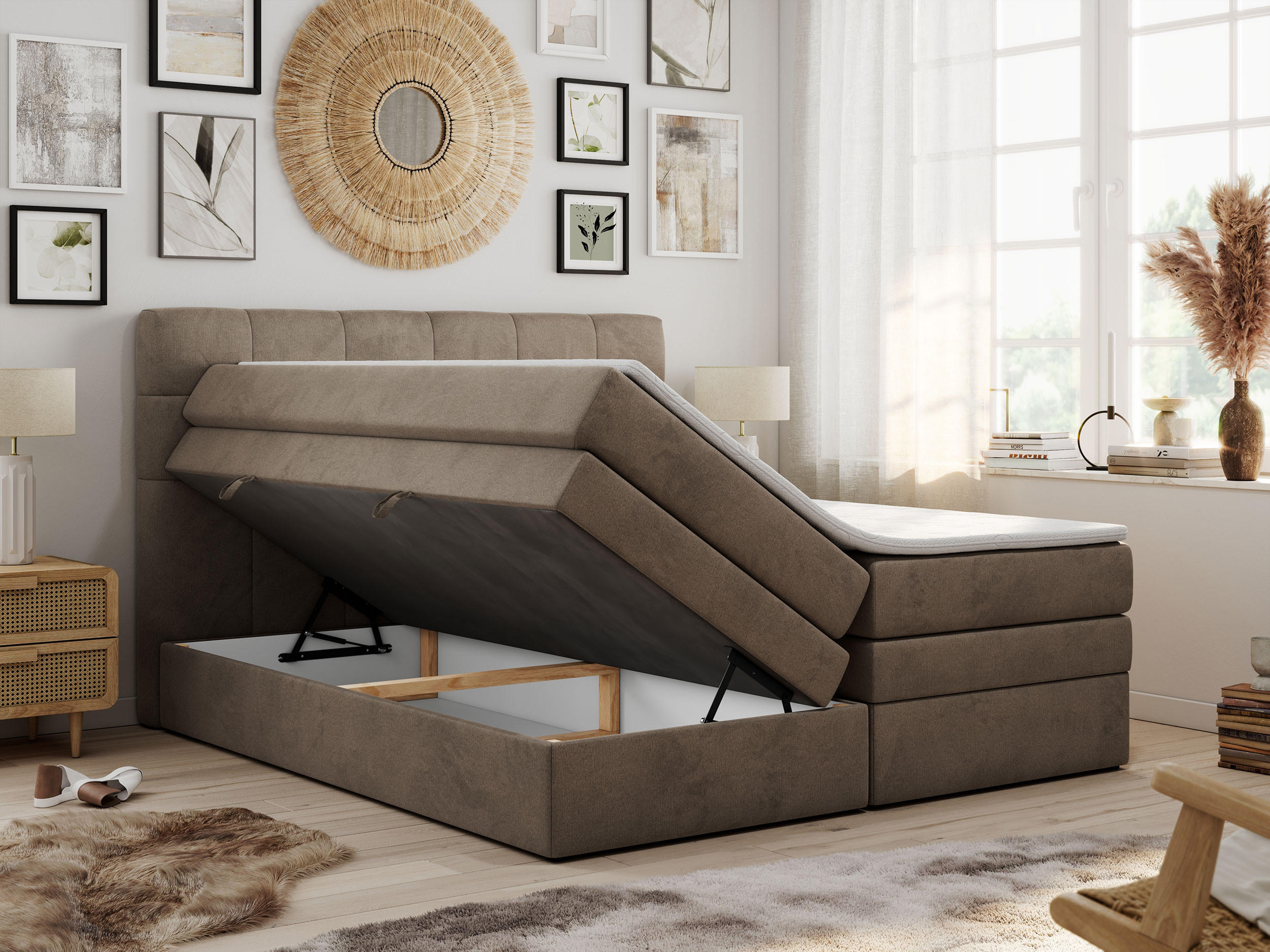 Thumbnail - MKS Boxspringbett, Braun, Textil, 2-Sitzer, H4, Rechteckig, 180x200 cm, Schlafzimmer, Betten, Boxspringbetten