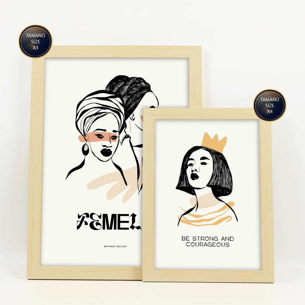 POSTER Set Mit 6 Schwarze Tinte Weiblichkeit Größe A3 & A4 Rahmen aus hellem Holz - Beige, Papier (29.7/1cm) - Nacnic