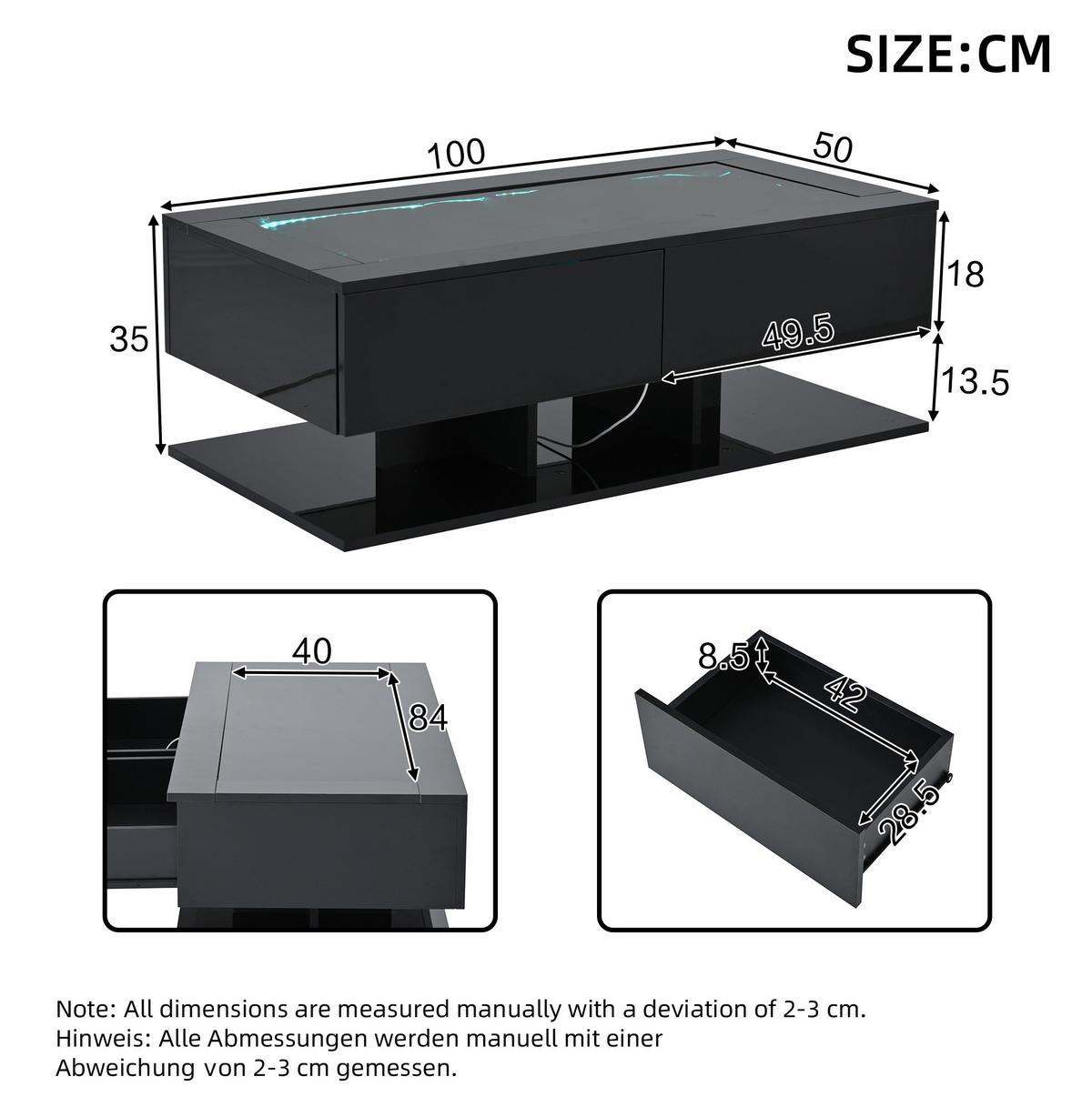 COUCHTISCH 100/50/35 cm schwarz aus Spanplatte und Glas mit LED-Licht - Schwarz, Holzwerkstoff (100/50/35cm) - OKMYHOME