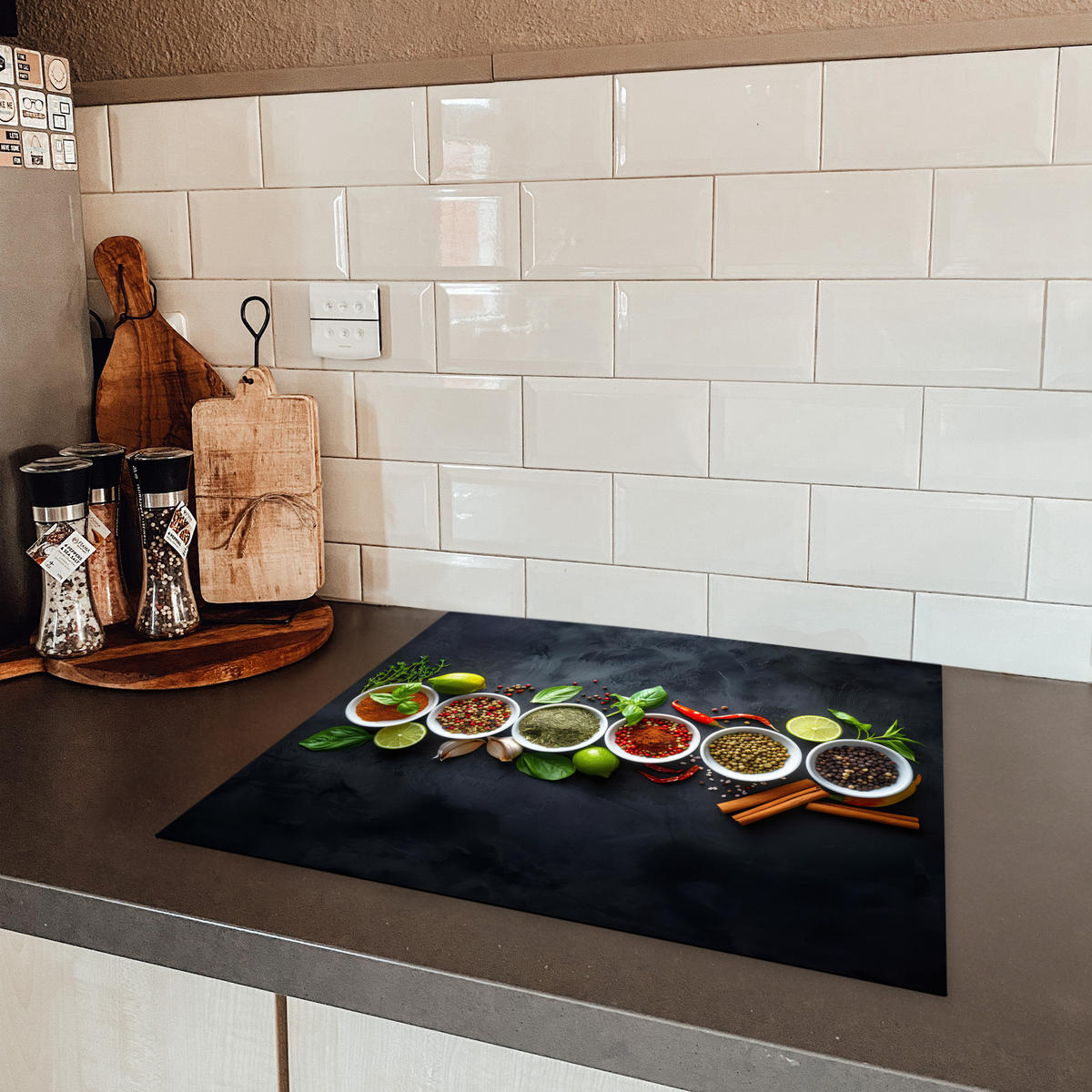 HERDABDECKPLATTE Kräuter - Gewürze - Konkrete Optik - Stilleben Herdabdeckung Induktionsfeld 60x52 cm - Multicolor, Kunststoff (60/52/0.2cm) - MuchoWow