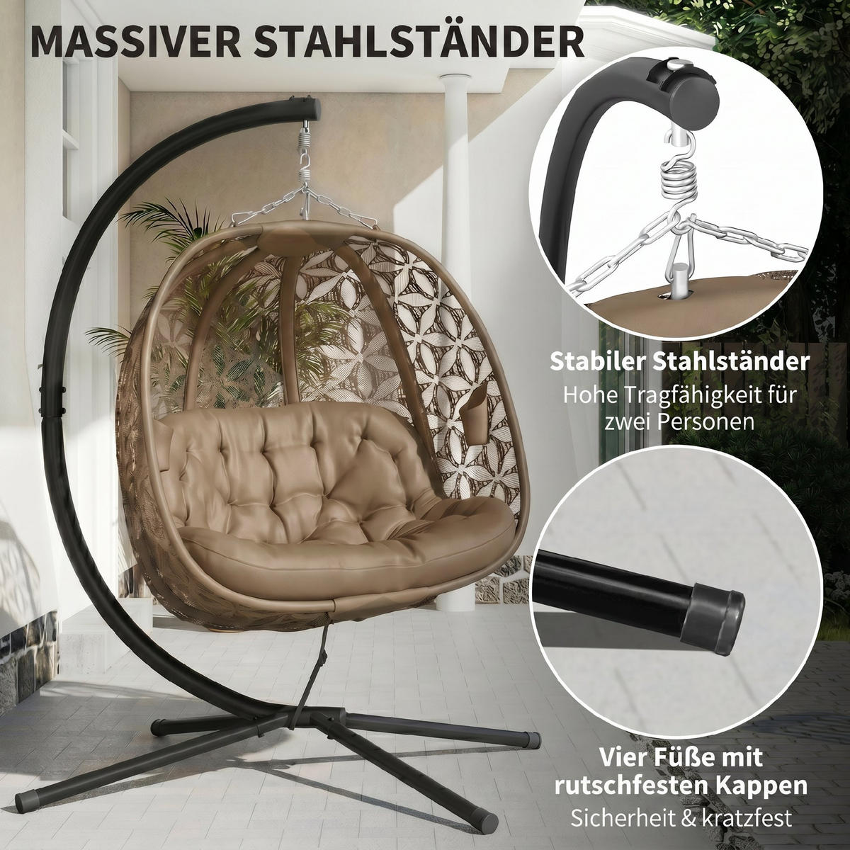 DOPPELHÄNGESESSEL, mit Gestell, klappbar ohne Gestell - Grau, Metall (73/23/112cm) - Vallsero