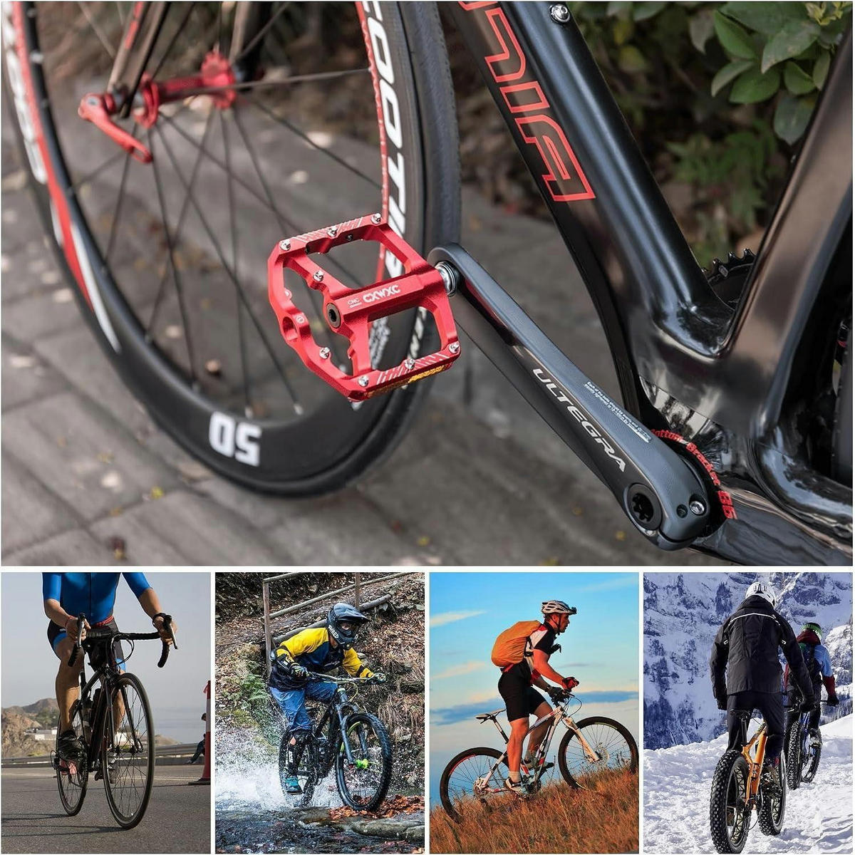 FAHRRADPEDALE 9/16 Zoll CNC Aluminium Rot mit Reflektoren - Rot, Metall (9.8/3/11.7cm)