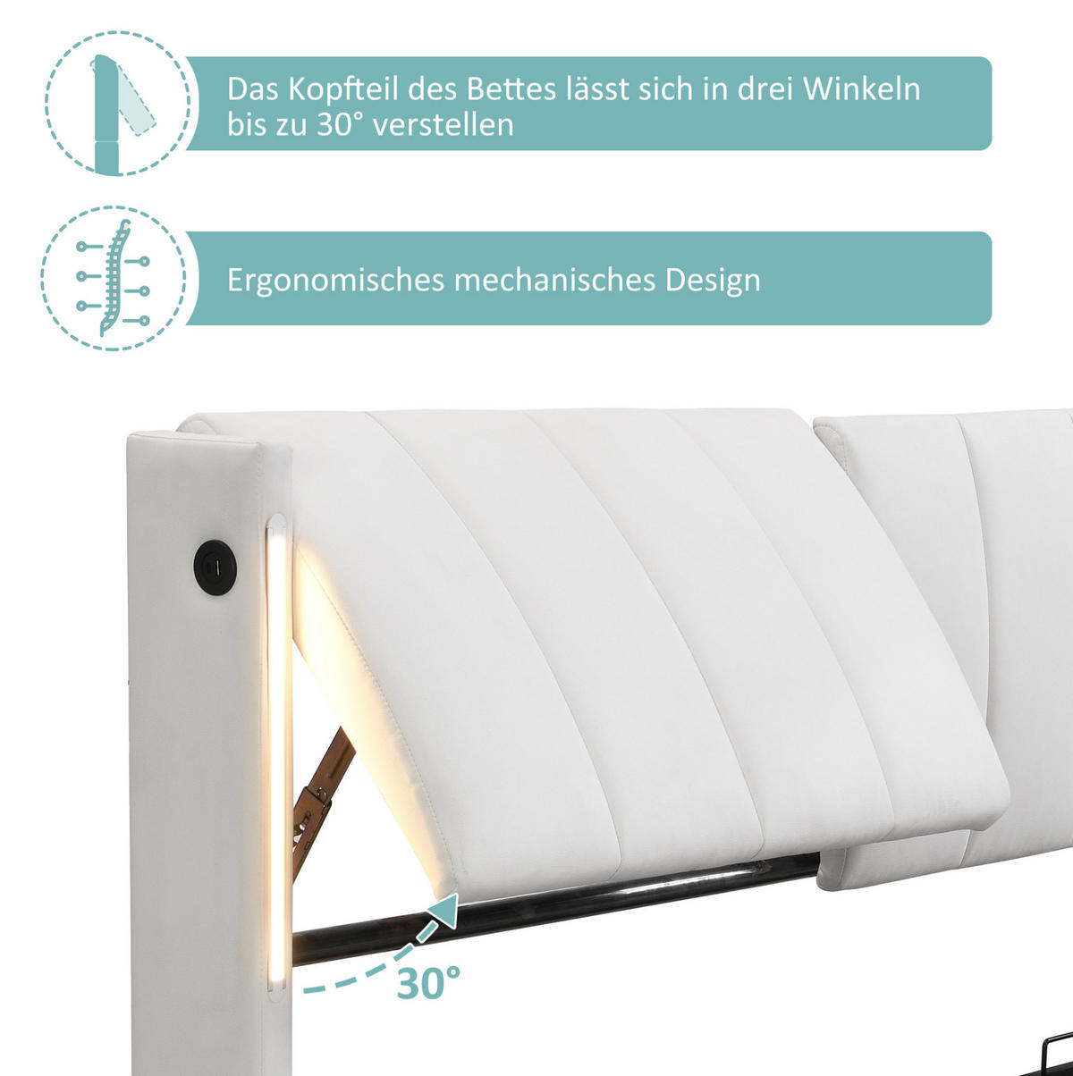 POLSTERBETT 160/200 cm aus PU mit LED-Beleuchtung, USB-Anschluss, Bettkasten und verstellbarem Kopfteil, Weiß - Weiß, Kunststoff (160/200cm) - Redom