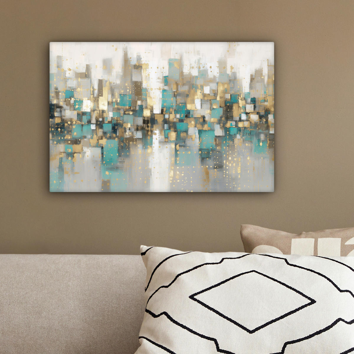 LEINWANDBILD Abstrakt - Blöcke - Gold - Skyline Deko Schlafzimmer 30x20 cm - Beige, Textil (30/20cm) - MuchoWow