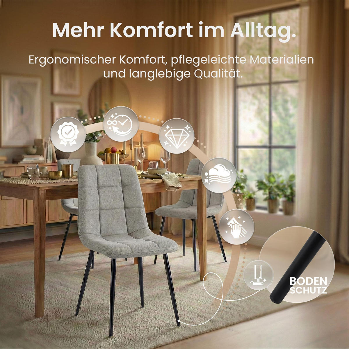 STUHL 4er Set Stoff Hellgrau - Hellgrau/Schwarz, Textil/Metall (45/84/55cm) - CLP