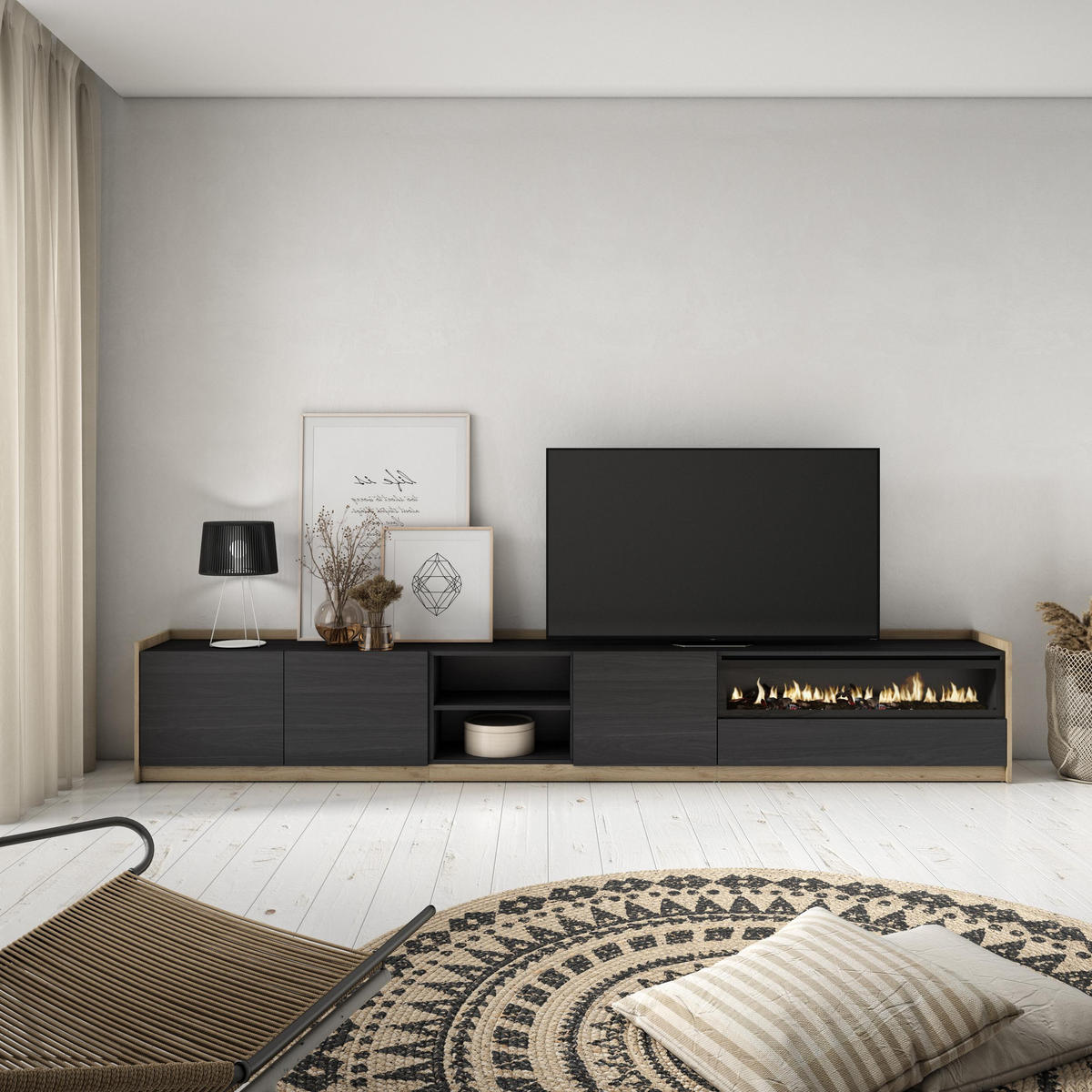 TV-SCHRANK, Lowboard, Schwarz Eiche, Elektrokamin, 310/37/50cm - Schwarz, Holzwerkstoff (310/50/37cm) - Skraut Home
